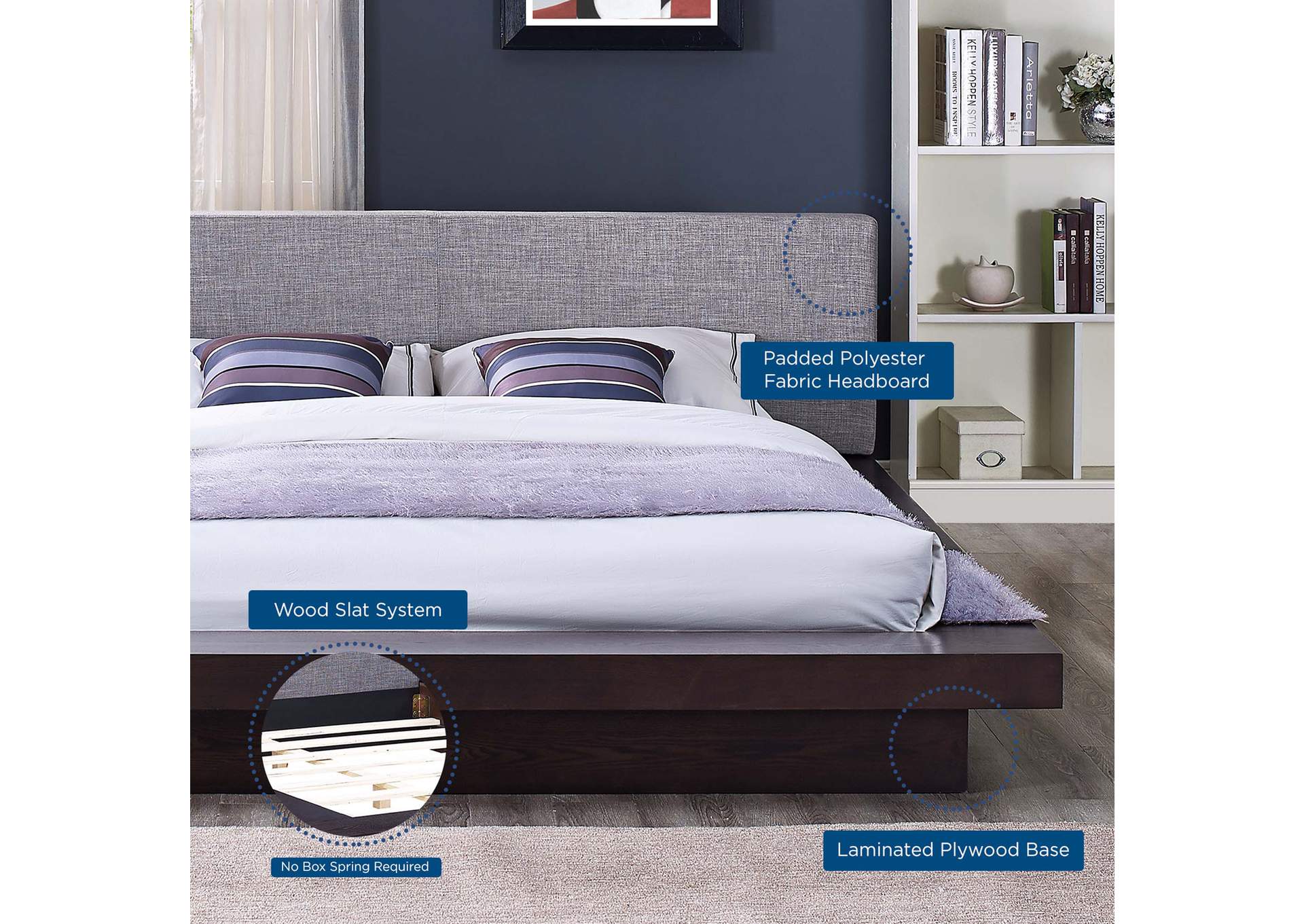 Cappuccino Gray Freja Platform Queen Bed - Fabric,Modway