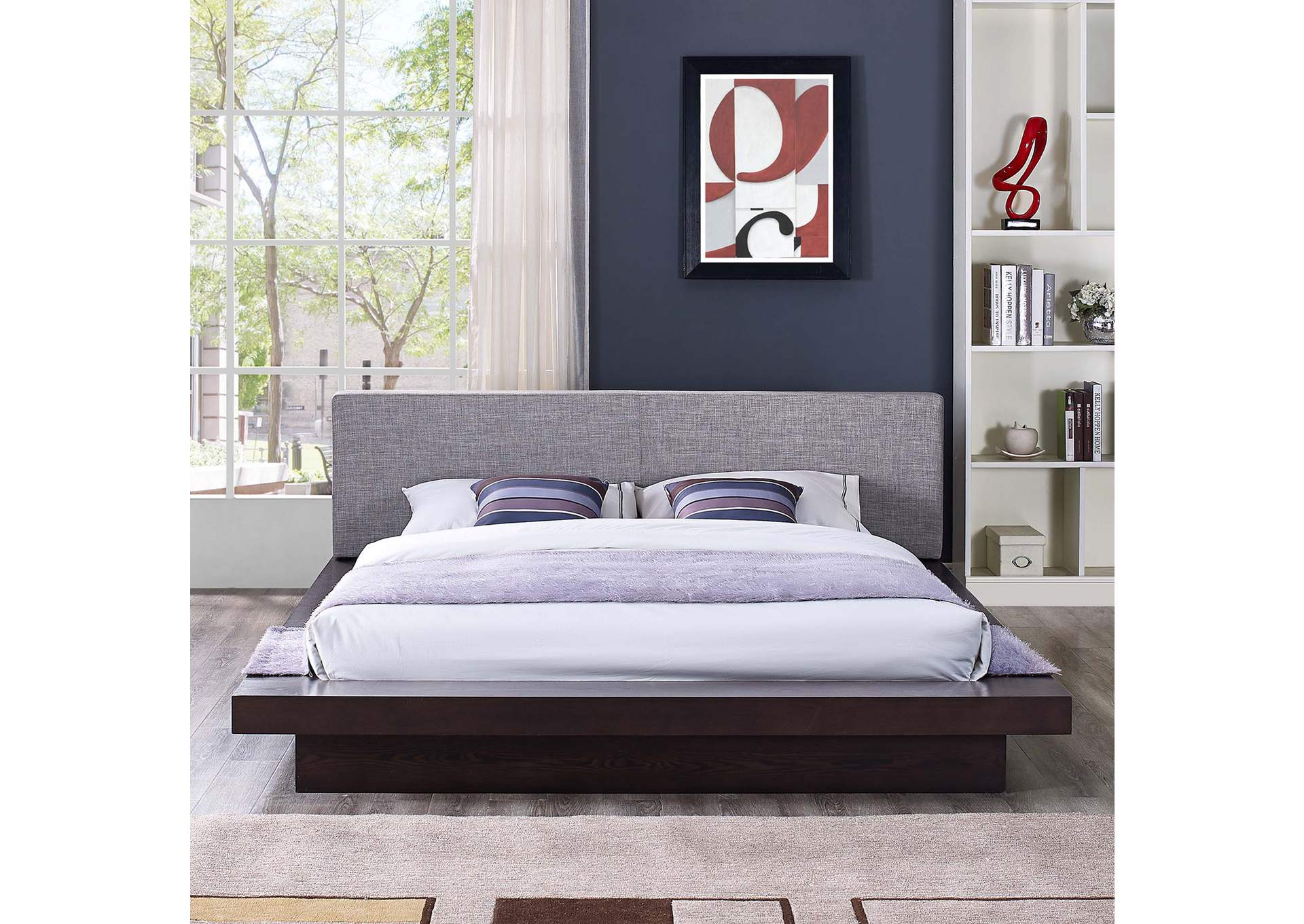 Cappuccino Gray Freja Platform Queen Bed - Fabric,Modway