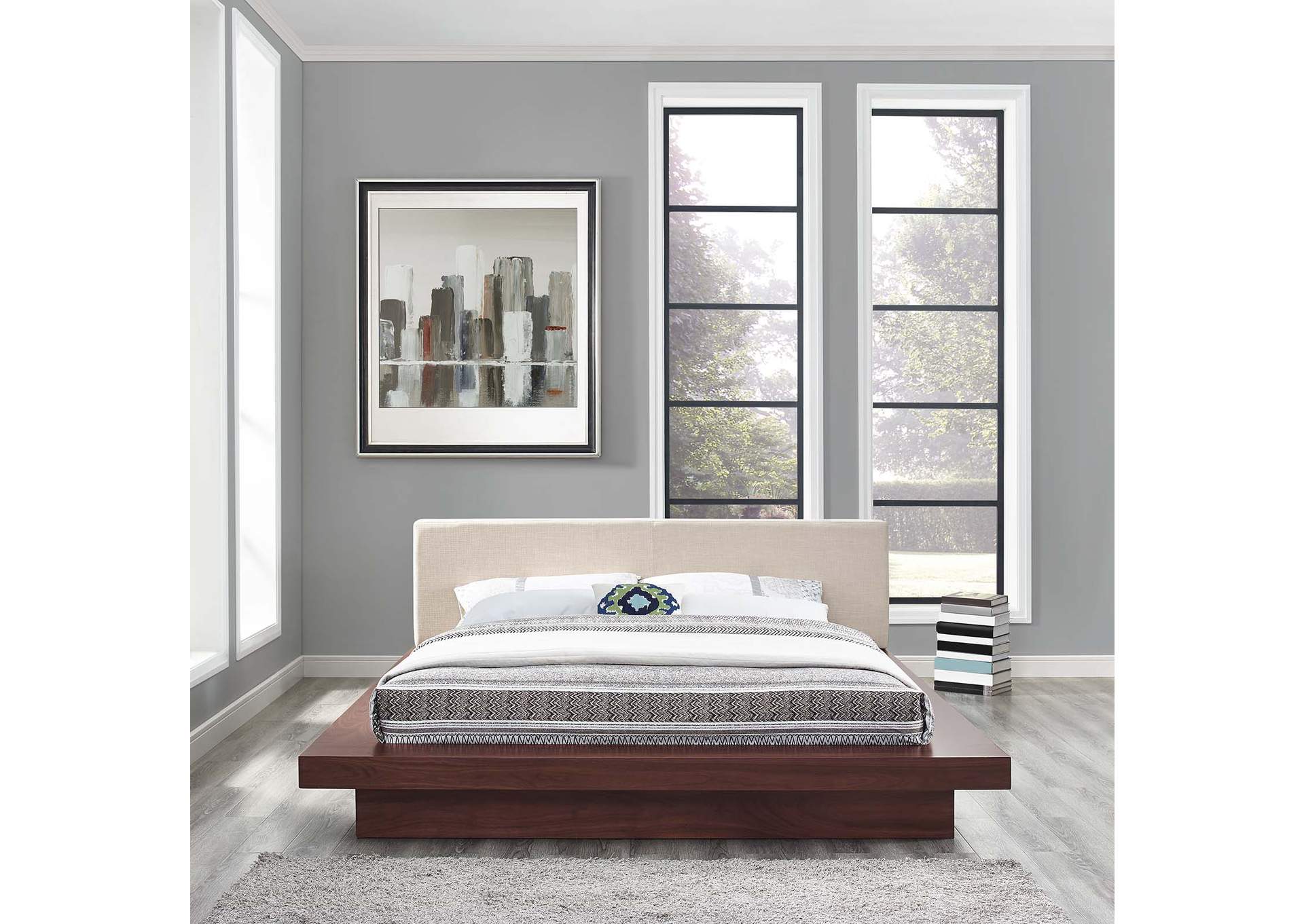 Walnut Beige Freja Platform Queen Bed - Fabric,Modway