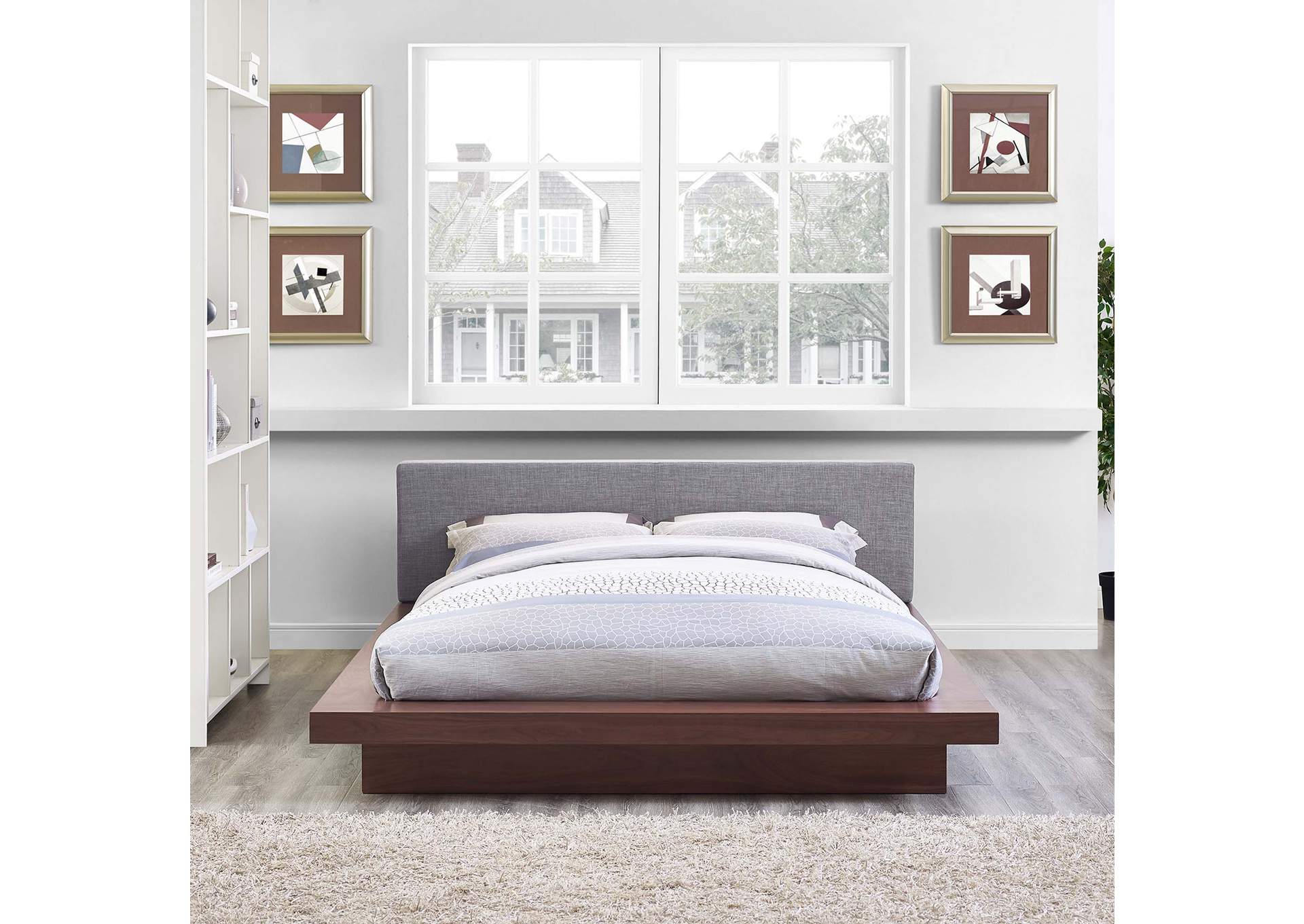 Walnut Gray Freja Platform Queen Bed - Fabric,Modway