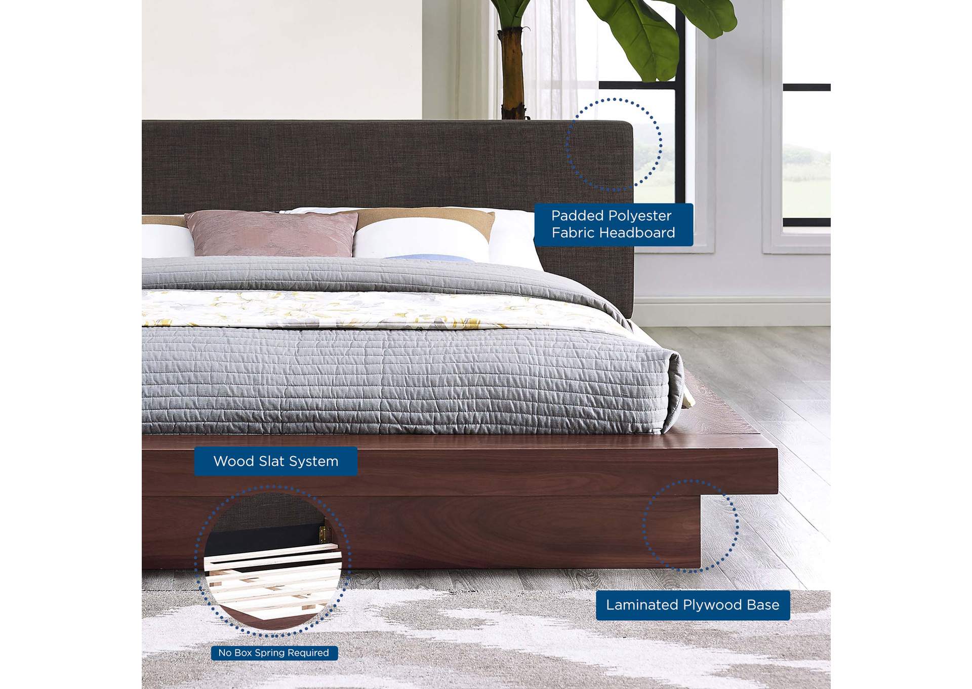 Walnut Latte Freja Platform Queen Bed - Fabric,Modway