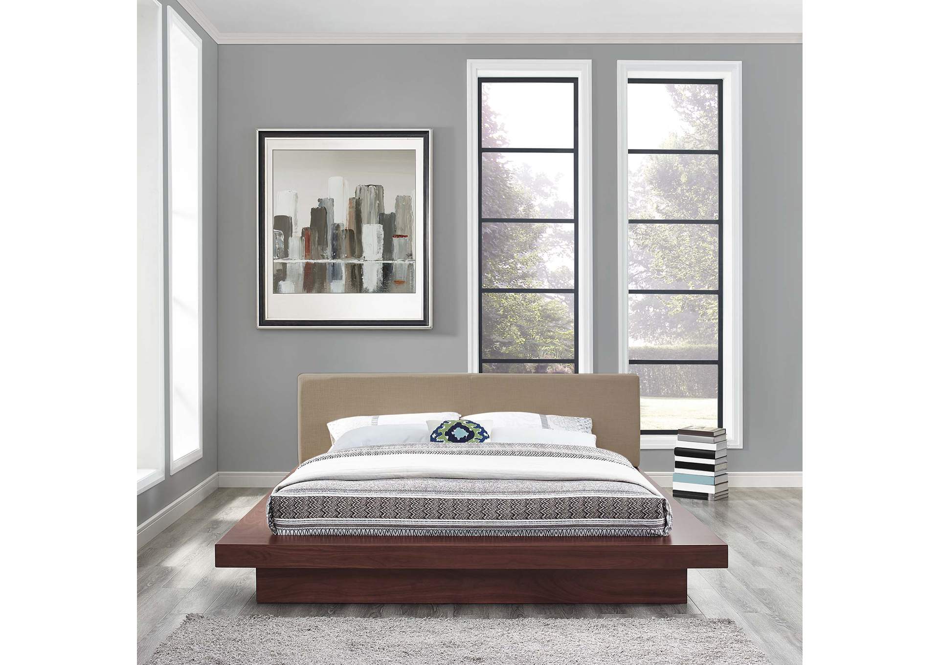 Walnut Latte Freja Platform Queen Bed - Fabric,Modway