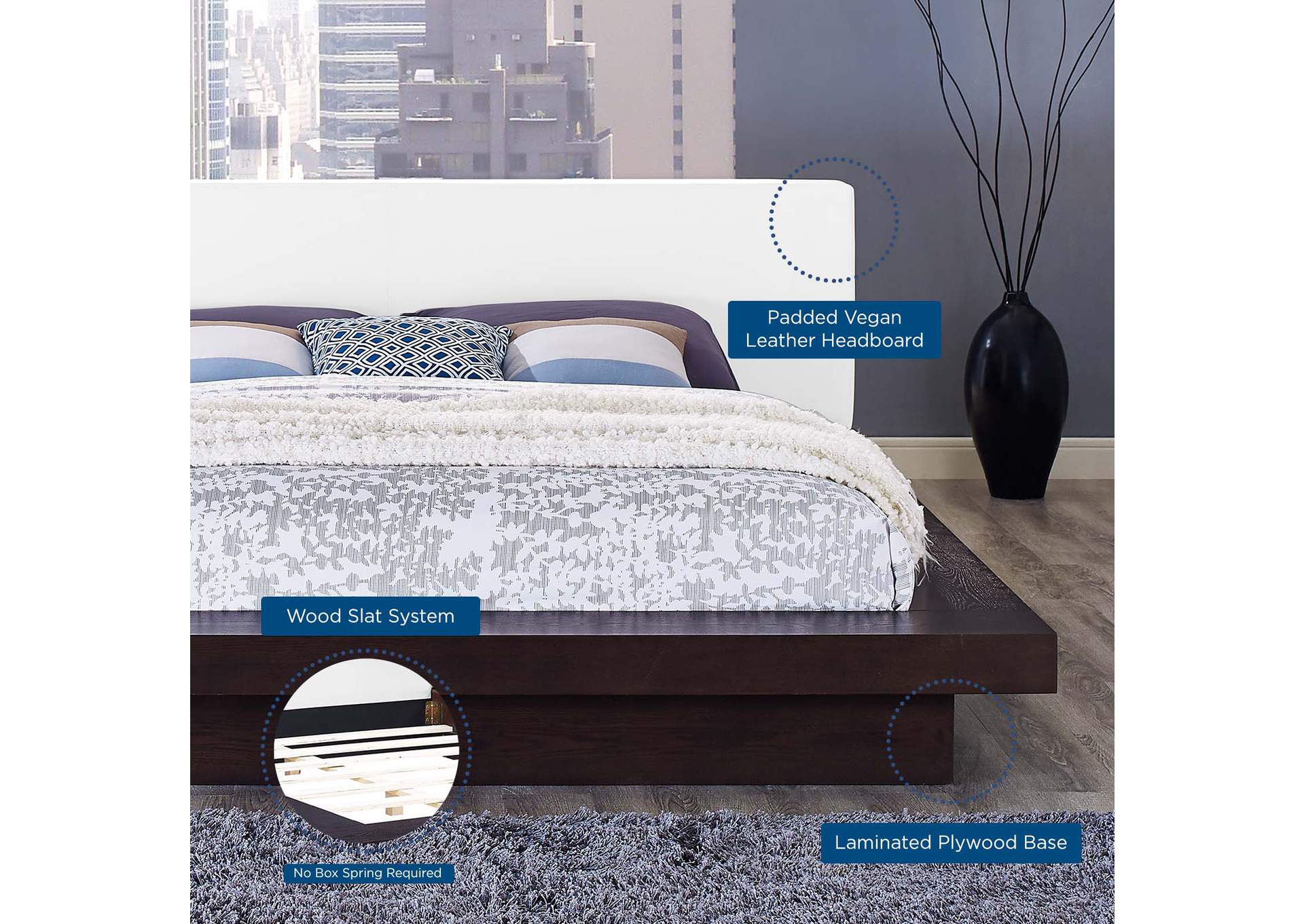 Cappuccino White Freja Platform Queen Bed - Vinyl,Modway