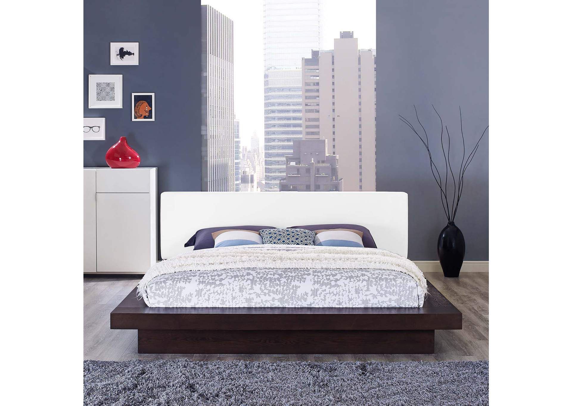 Cappuccino White Freja Platform Queen Bed - Vinyl,Modway