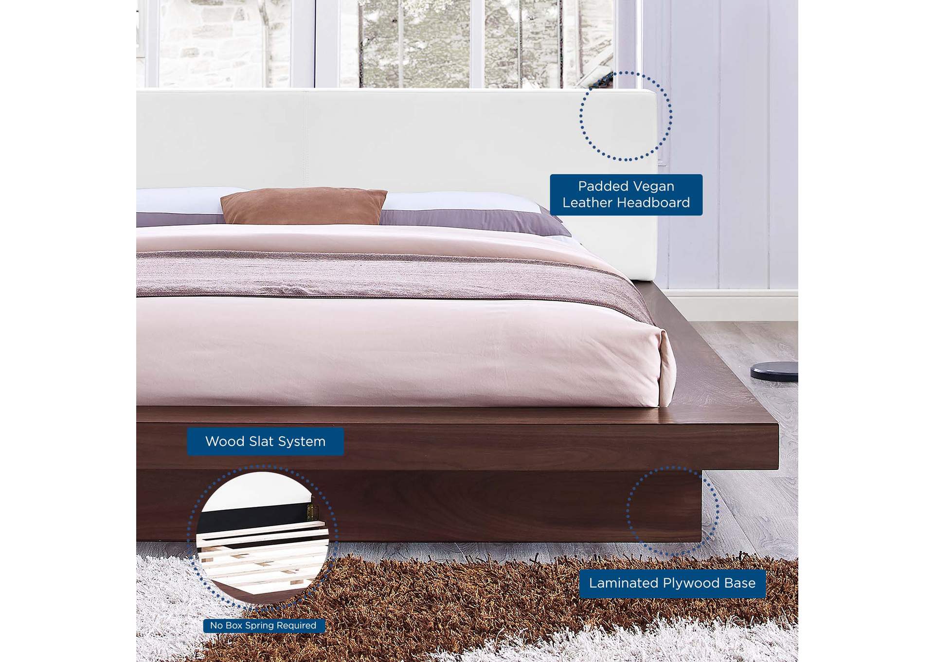 Walnut White Freja Platform Queen Bed - Vinyl,Modway