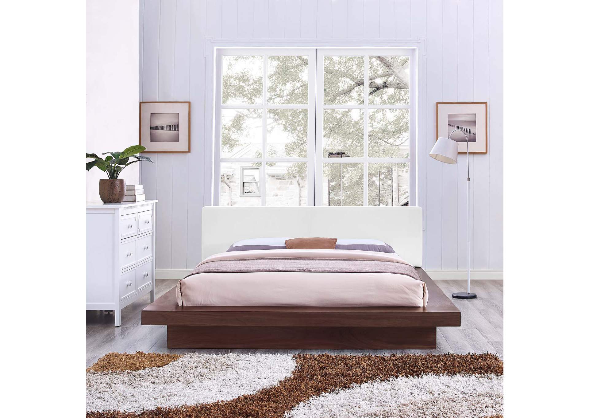 Walnut White Freja Platform Queen Bed - Vinyl,Modway