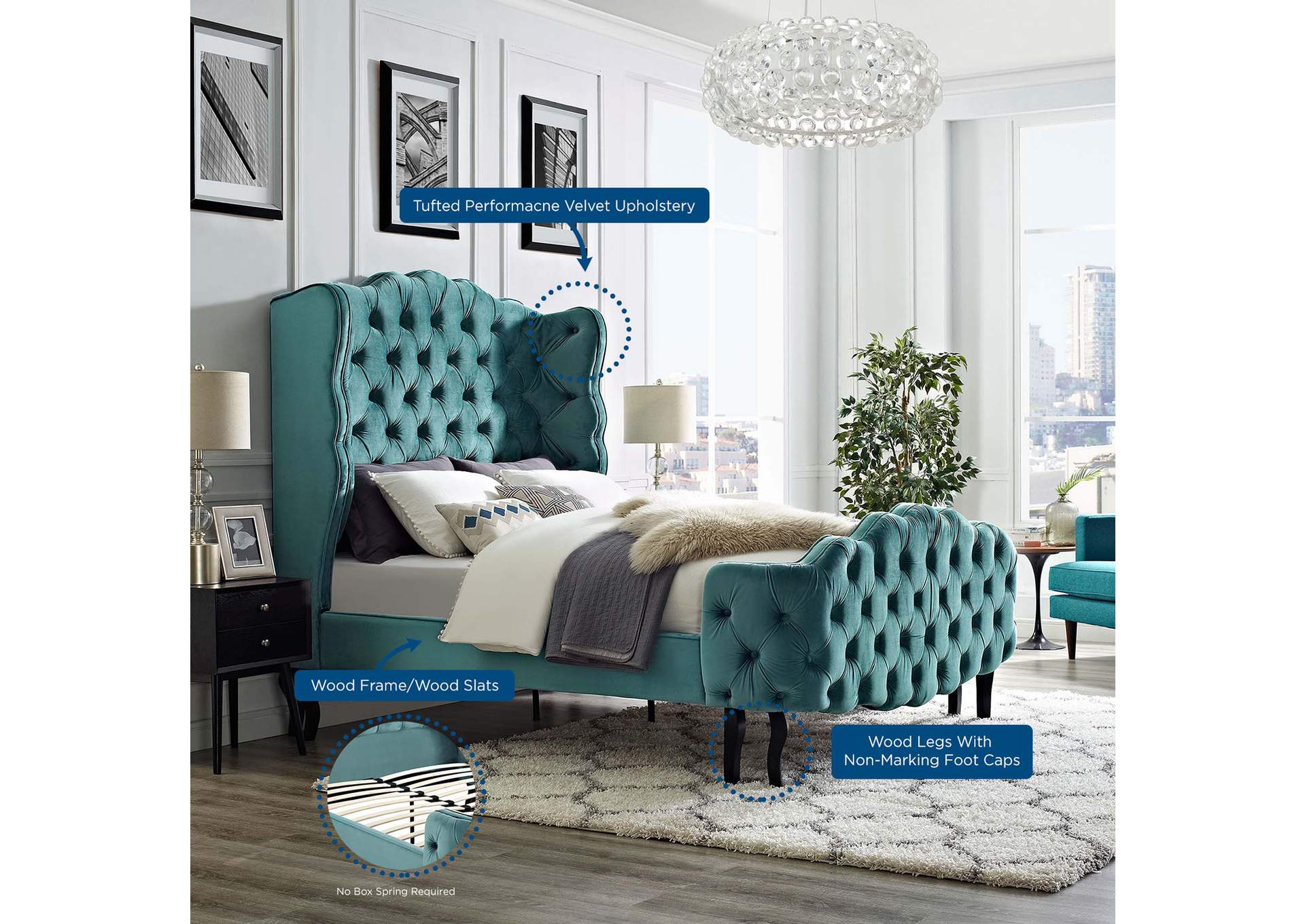 Sea Blue Violette Queen Tufted Wingback Performance Velvet Platform Bed,Modway