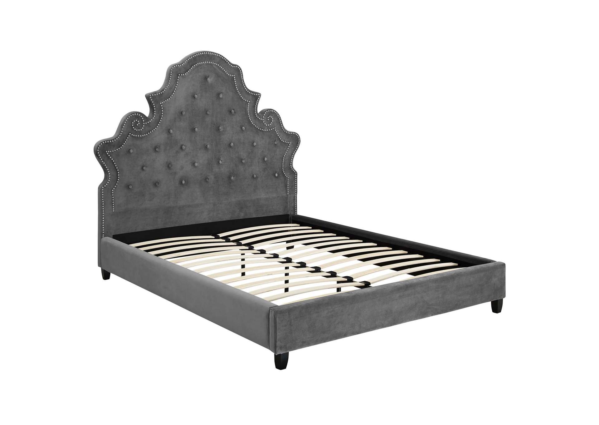 Gray Valentina Queen Tufted Nailhead Performance Velvet Platform Bed,Modway