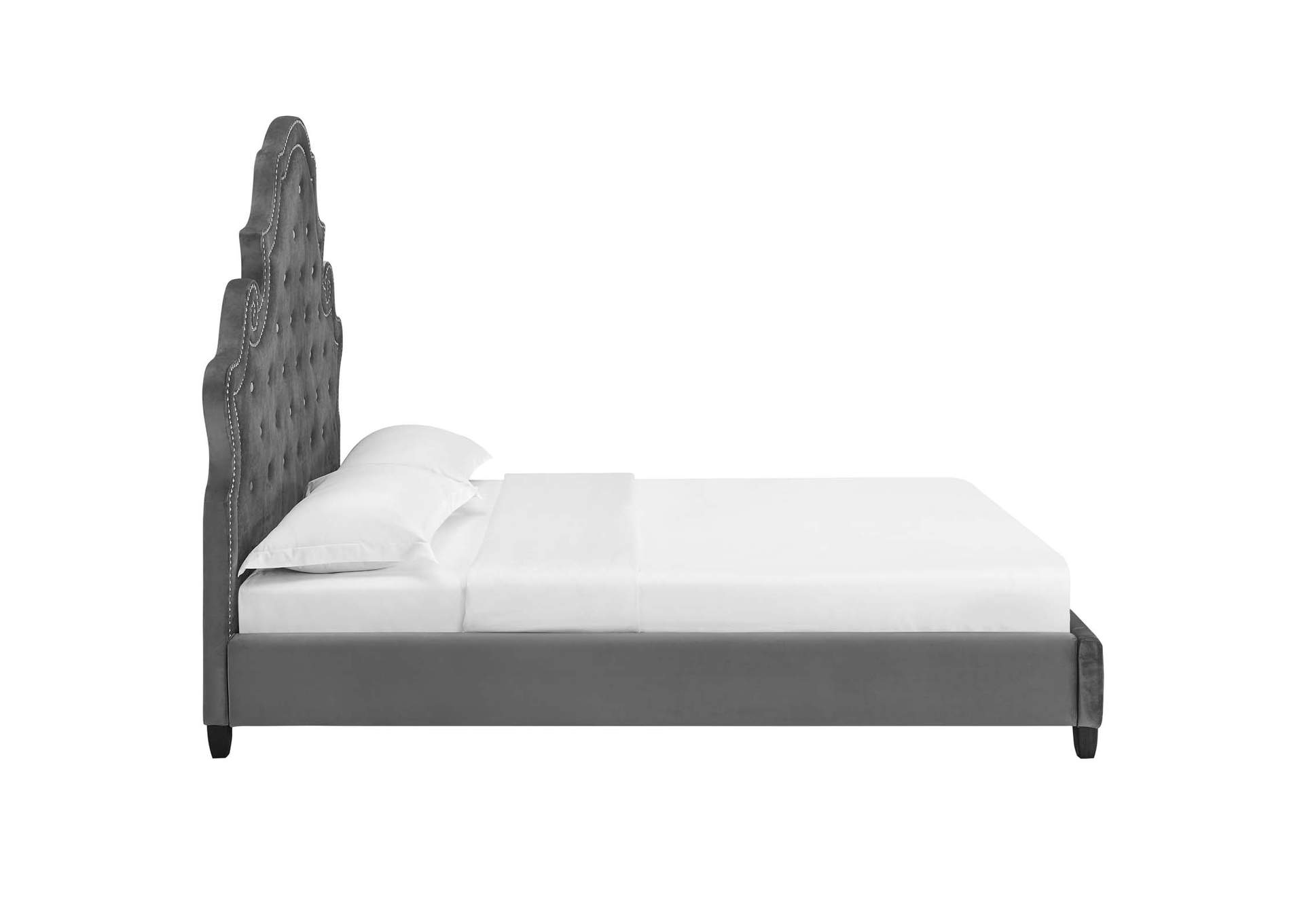 Gray Valentina Queen Tufted Nailhead Performance Velvet Platform Bed,Modway