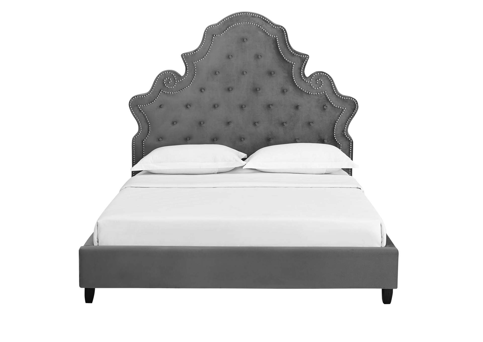 Gray Valentina Queen Tufted Nailhead Performance Velvet Platform Bed,Modway