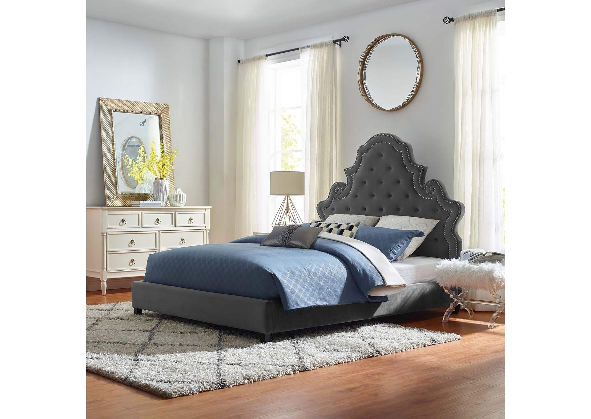 Gray Valentina Queen Tufted Nailhead Performance Velvet Platform Bed,Modway