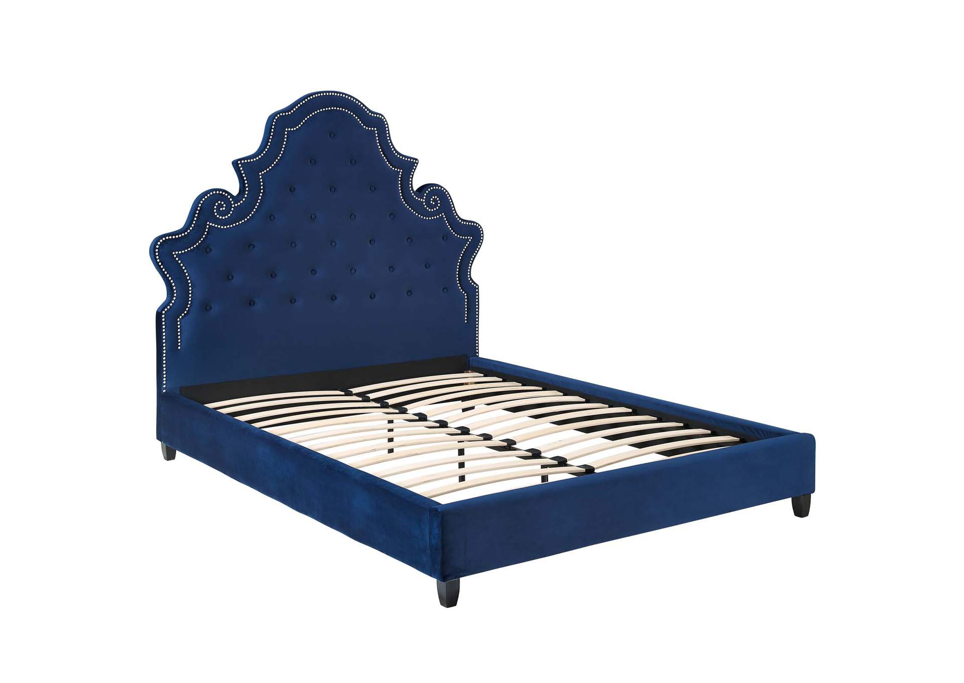 Navy Valentina Queen Tufted Nailhead Performance Velvet Platform Bed,Modway