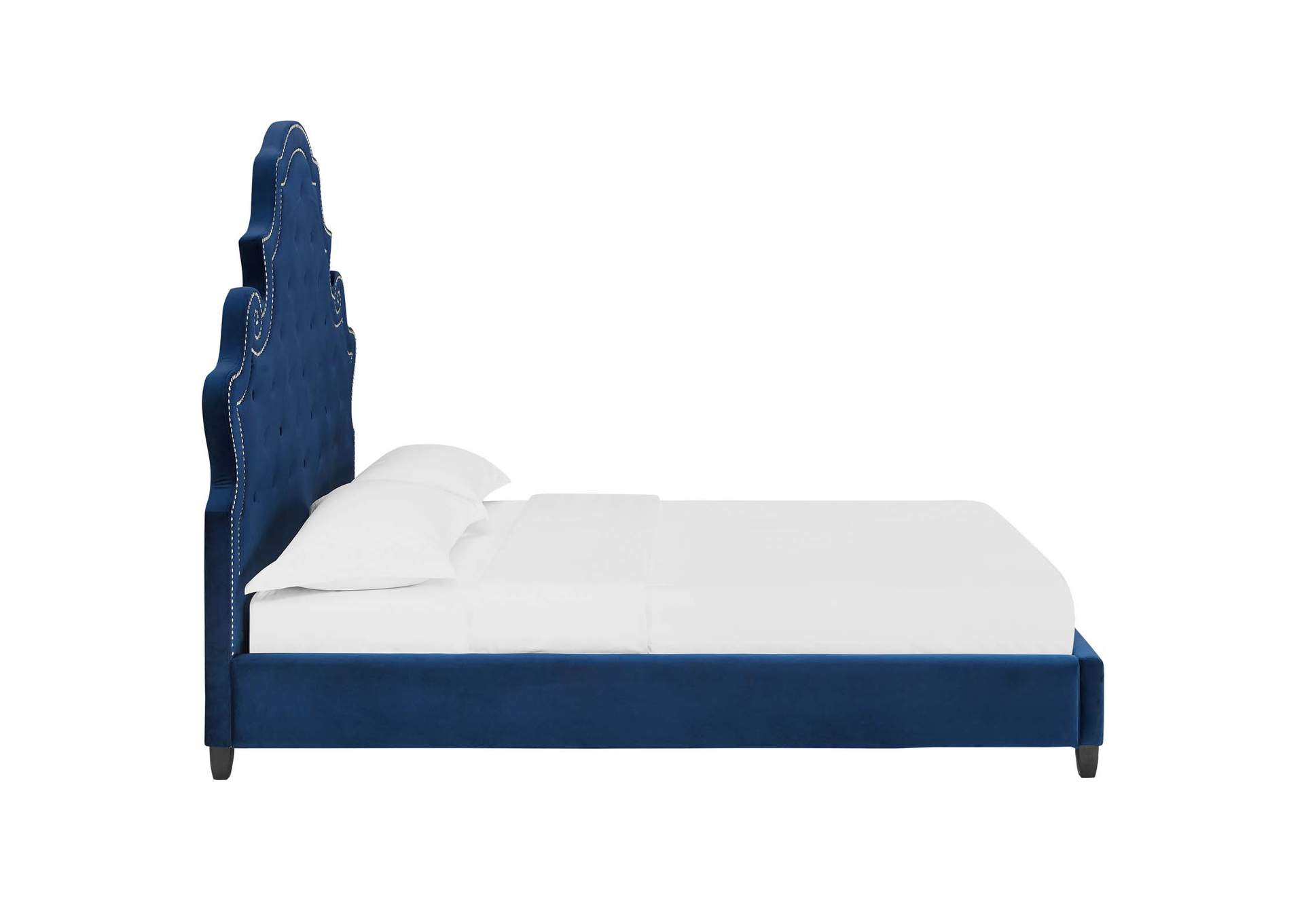Navy Valentina Queen Tufted Nailhead Performance Velvet Platform Bed,Modway