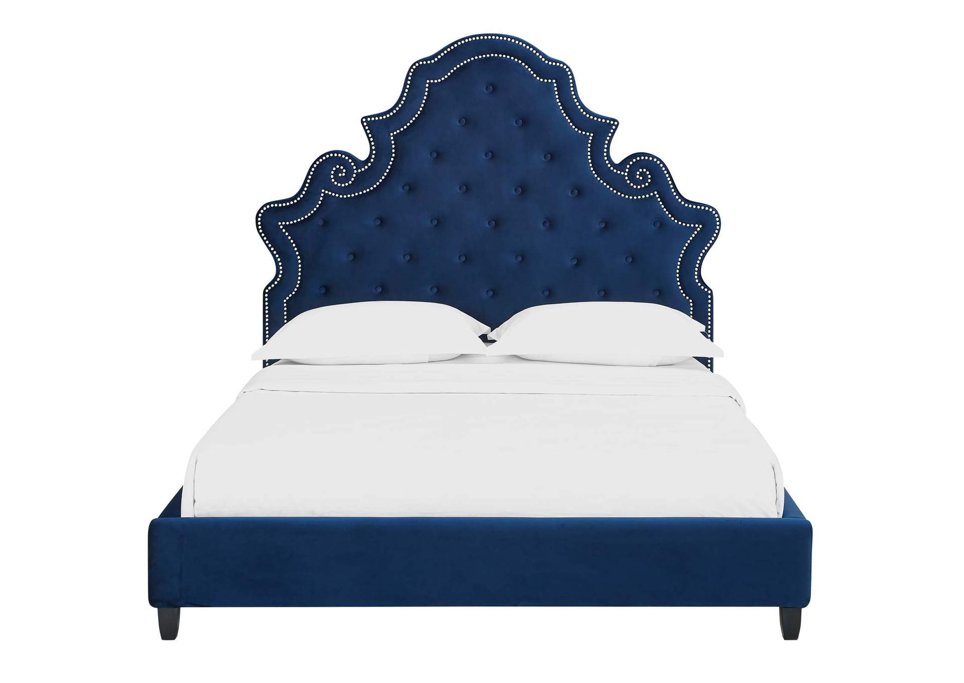 Navy Valentina Queen Tufted Nailhead Performance Velvet Platform Bed,Modway