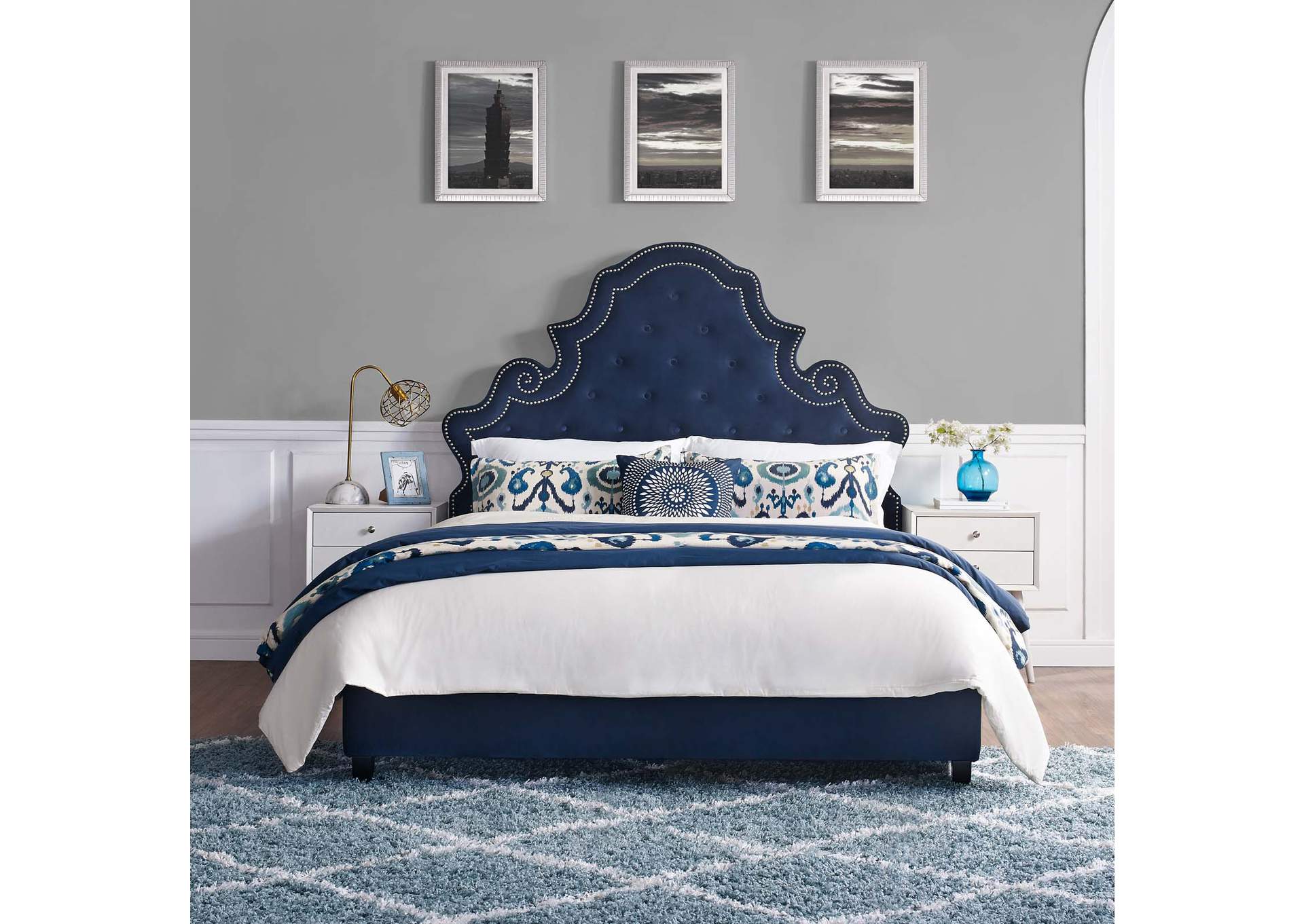 Navy Valentina Queen Tufted Nailhead Performance Velvet Platform Bed,Modway