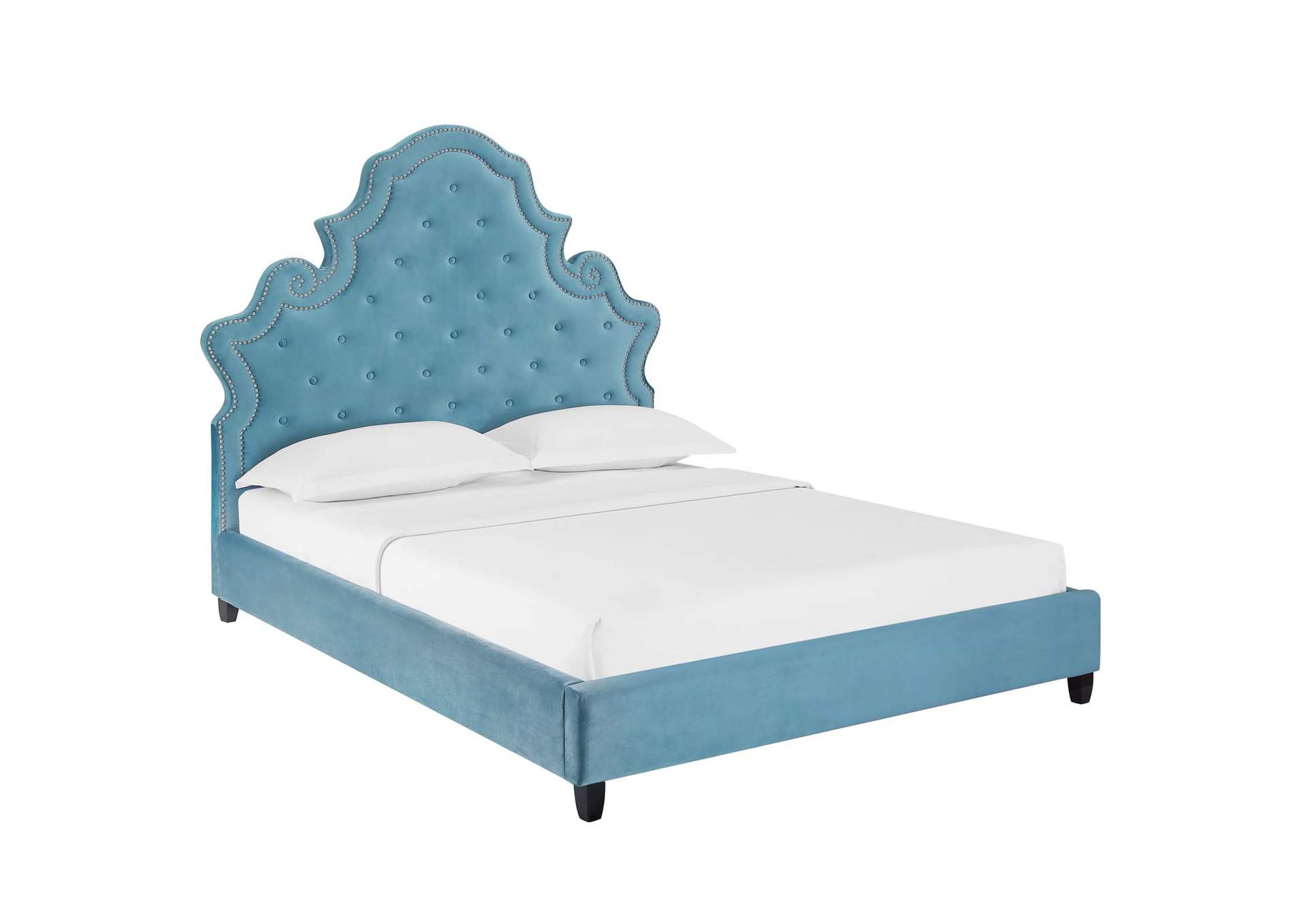 Sea Blue Valentina Queen Tufted Nailhead Performance Velvet Platform Bed,Modway