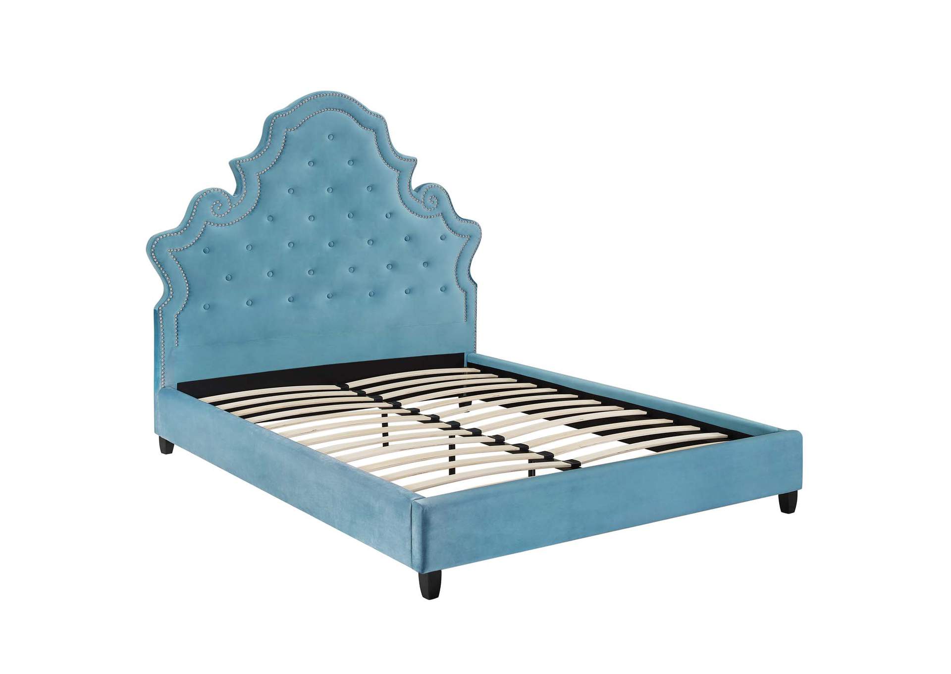Sea Blue Valentina Queen Tufted Nailhead Performance Velvet Platform Bed,Modway