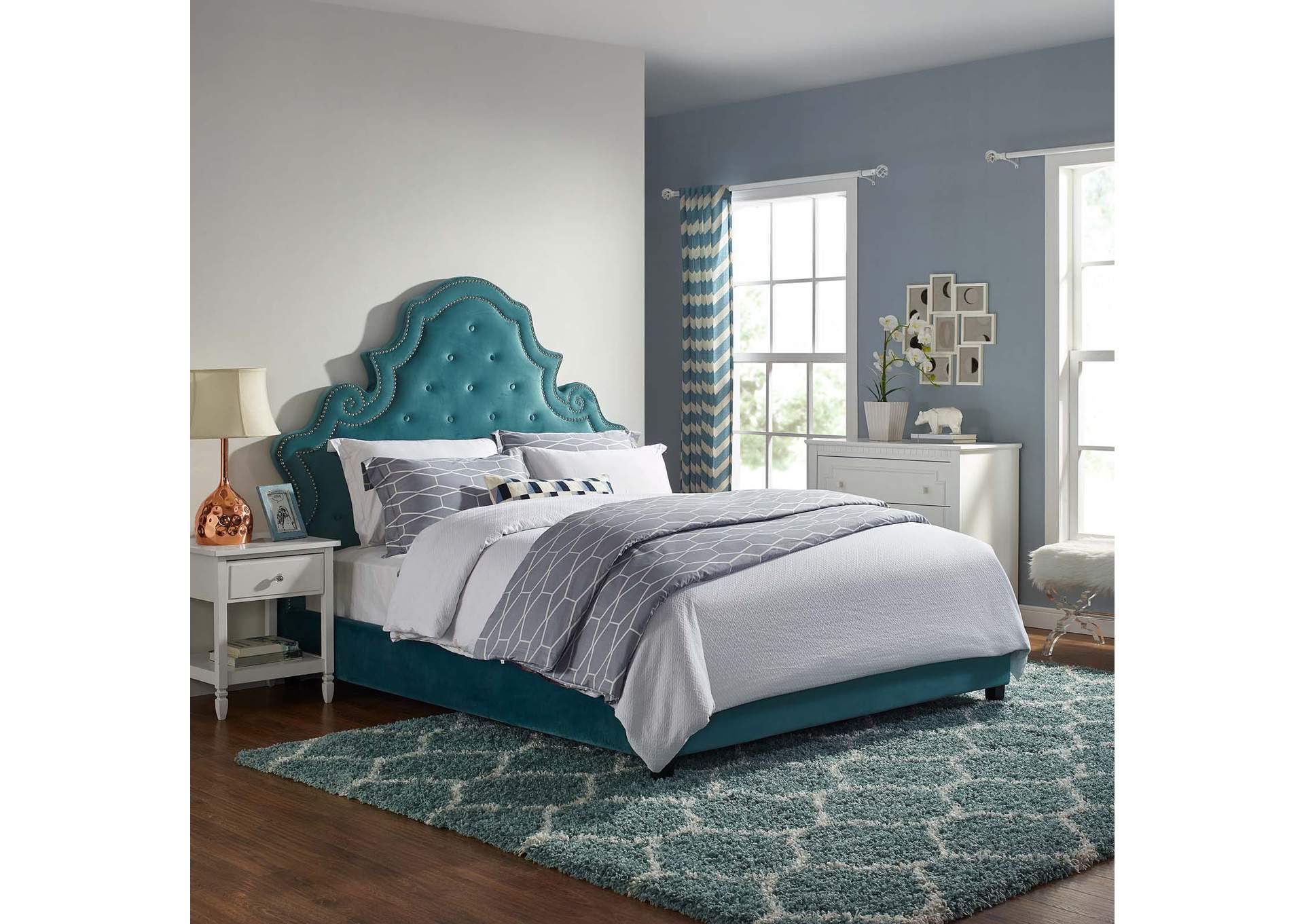 Sea Blue Valentina Queen Tufted Nailhead Performance Velvet Platform Bed,Modway