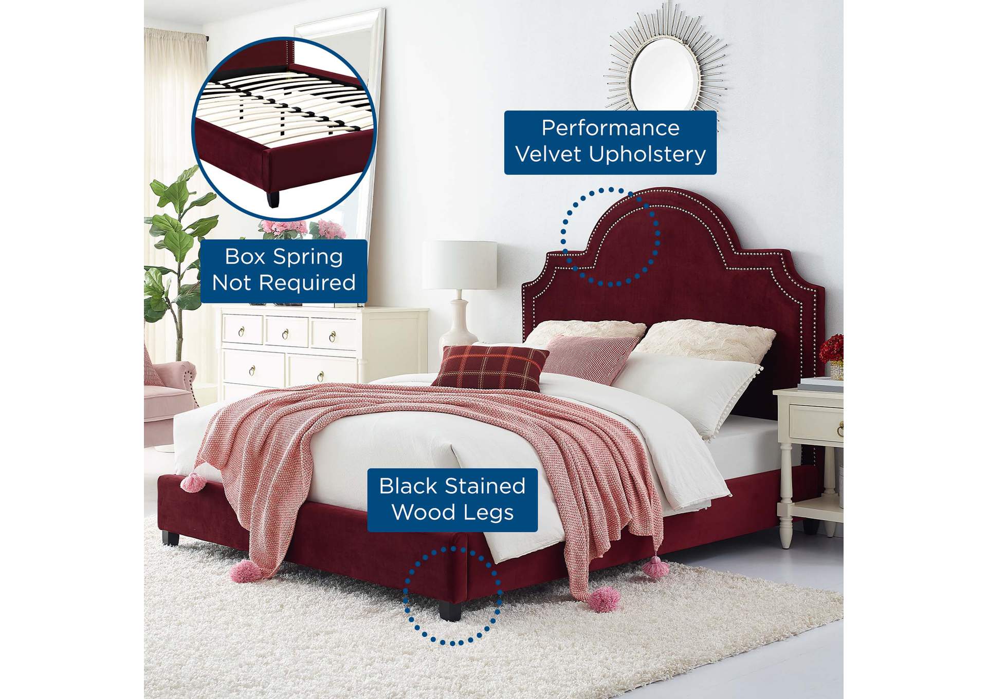 Maroon Primrose Queen Performance Velvet Platform Bed,Modway