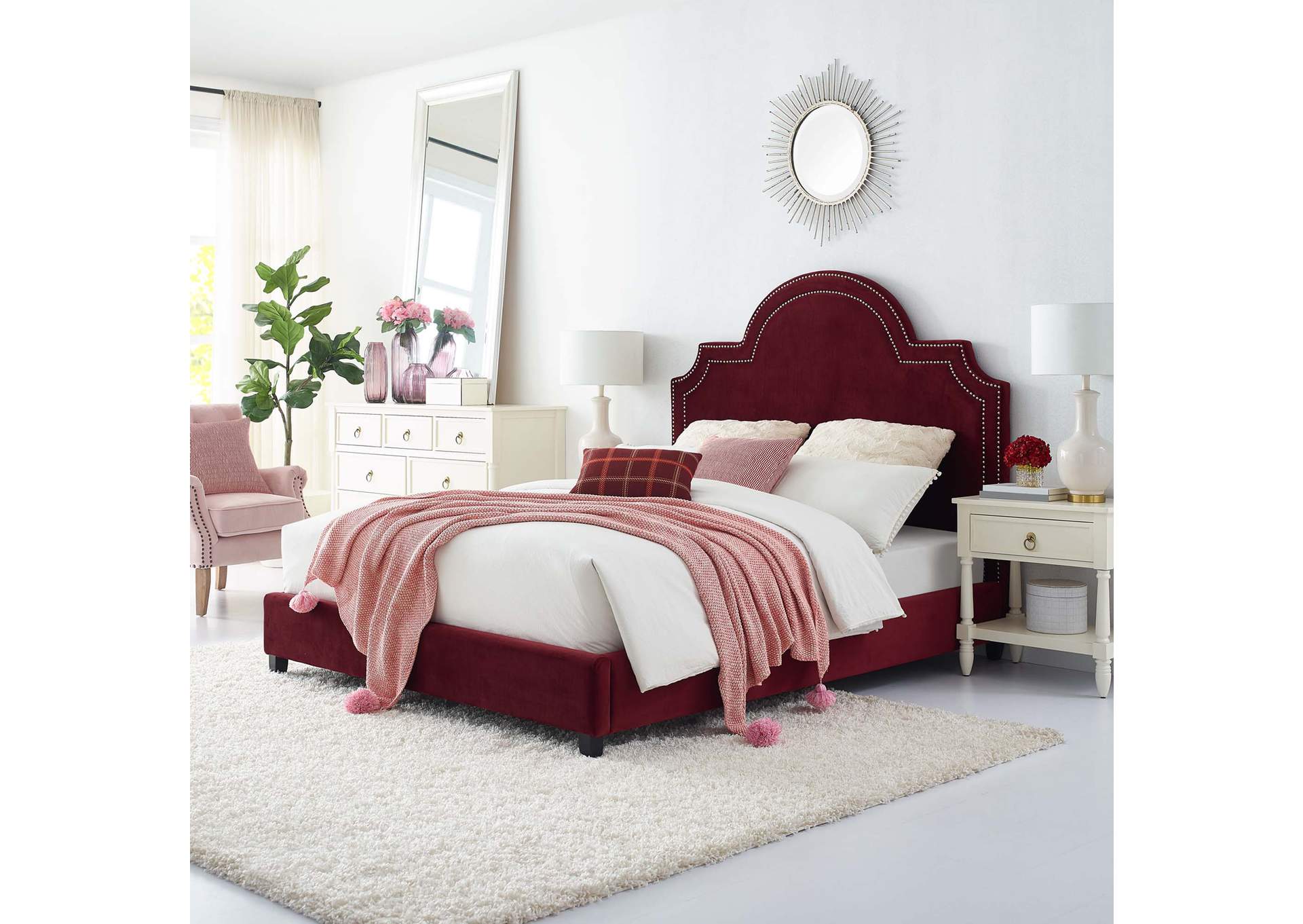 Maroon Primrose Queen Performance Velvet Platform Bed,Modway