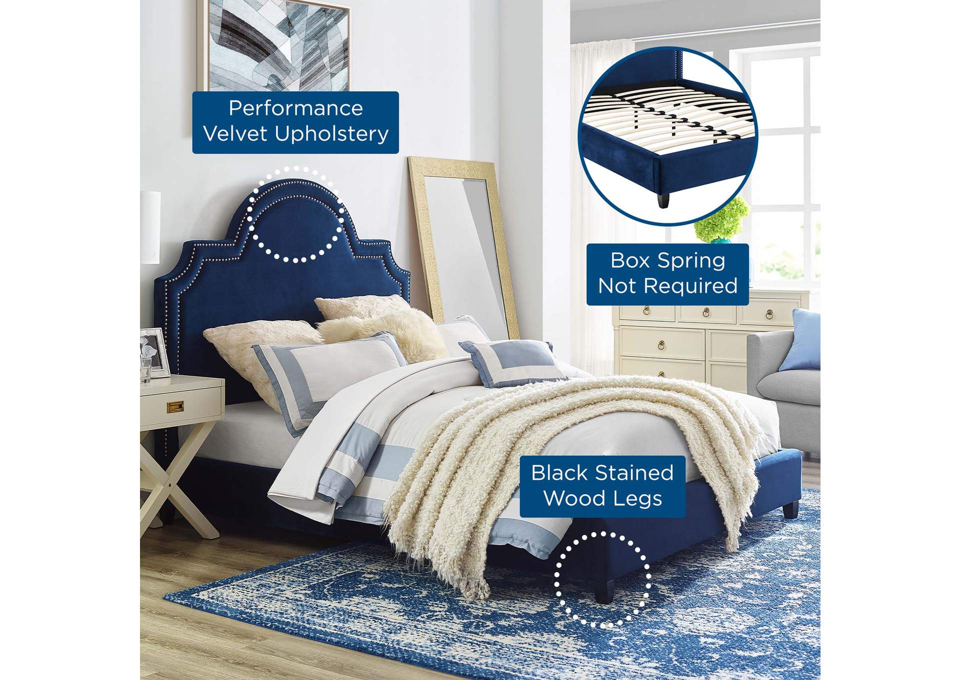Navy Primrose Queen Performance Velvet Platform Bed,Modway