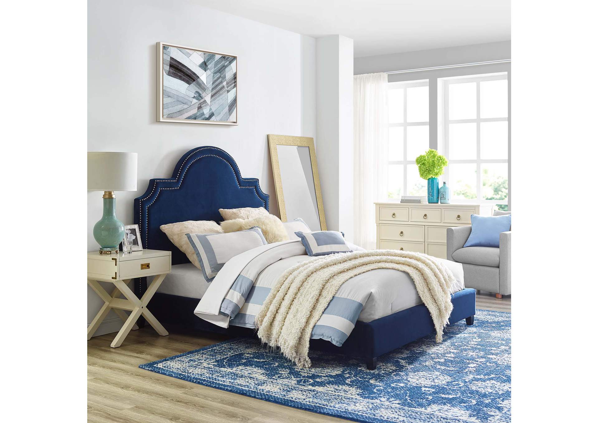 Navy Primrose Queen Performance Velvet Platform Bed,Modway