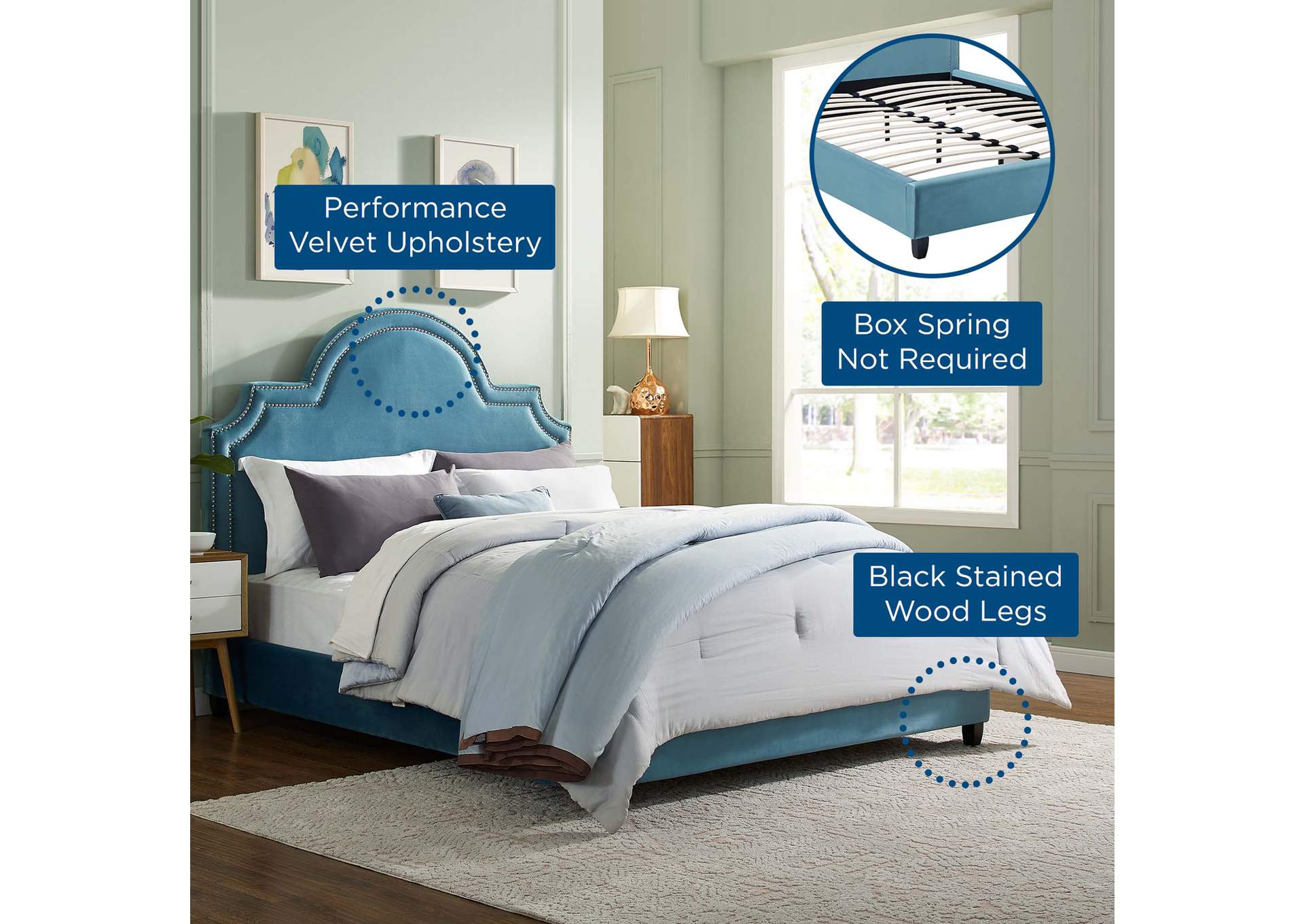 Sea Blue Primrose Queen Performance Velvet Platform Bed,Modway