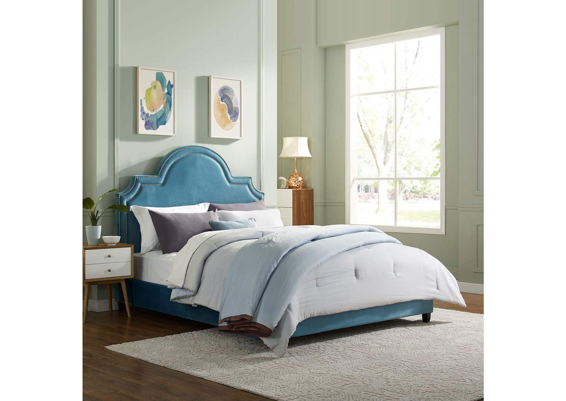 Sea Blue Primrose Queen Performance Velvet Platform Bed,Modway