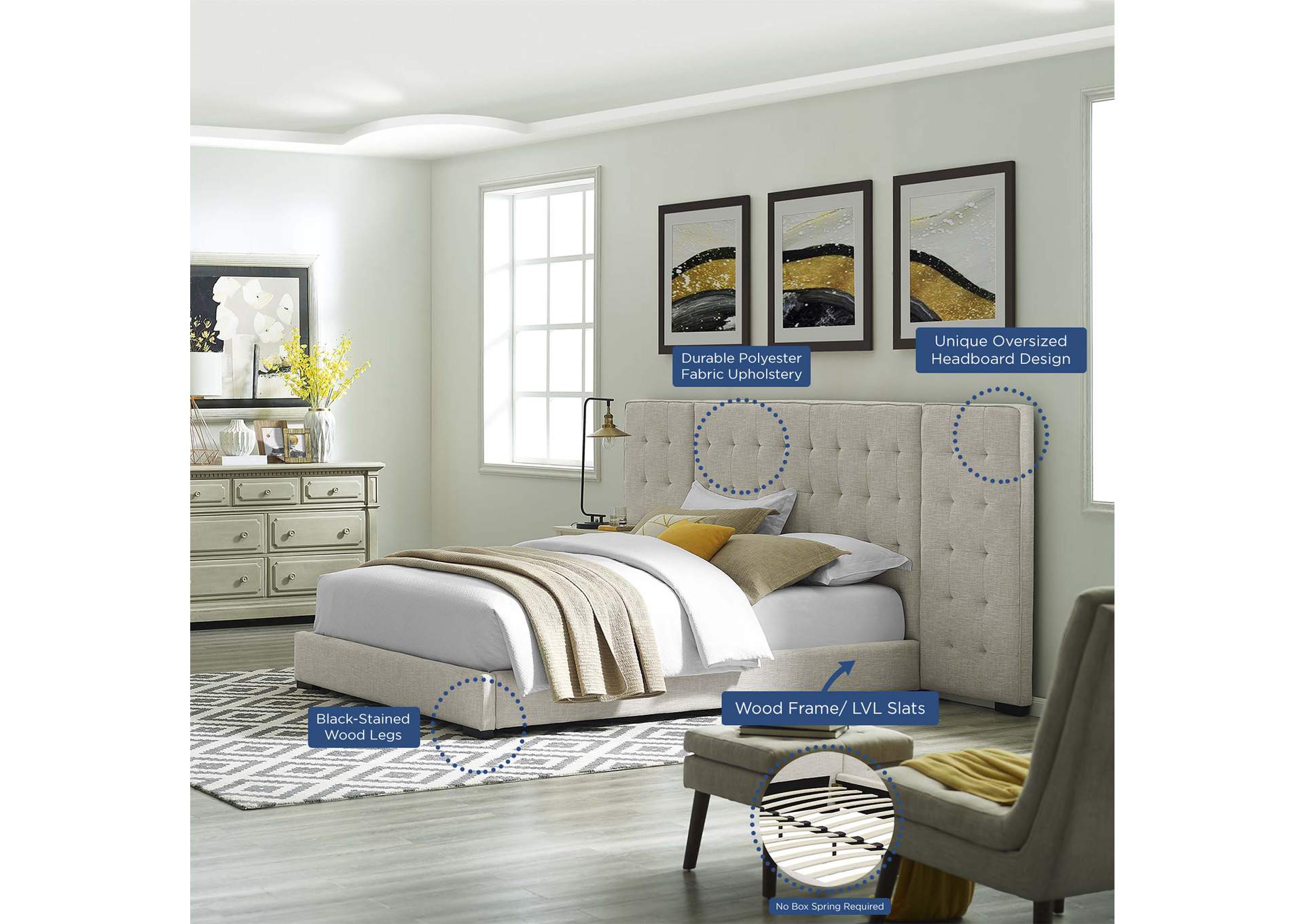 Beige Sierra Queen Upholstered Fabric Platform Bed,Modway