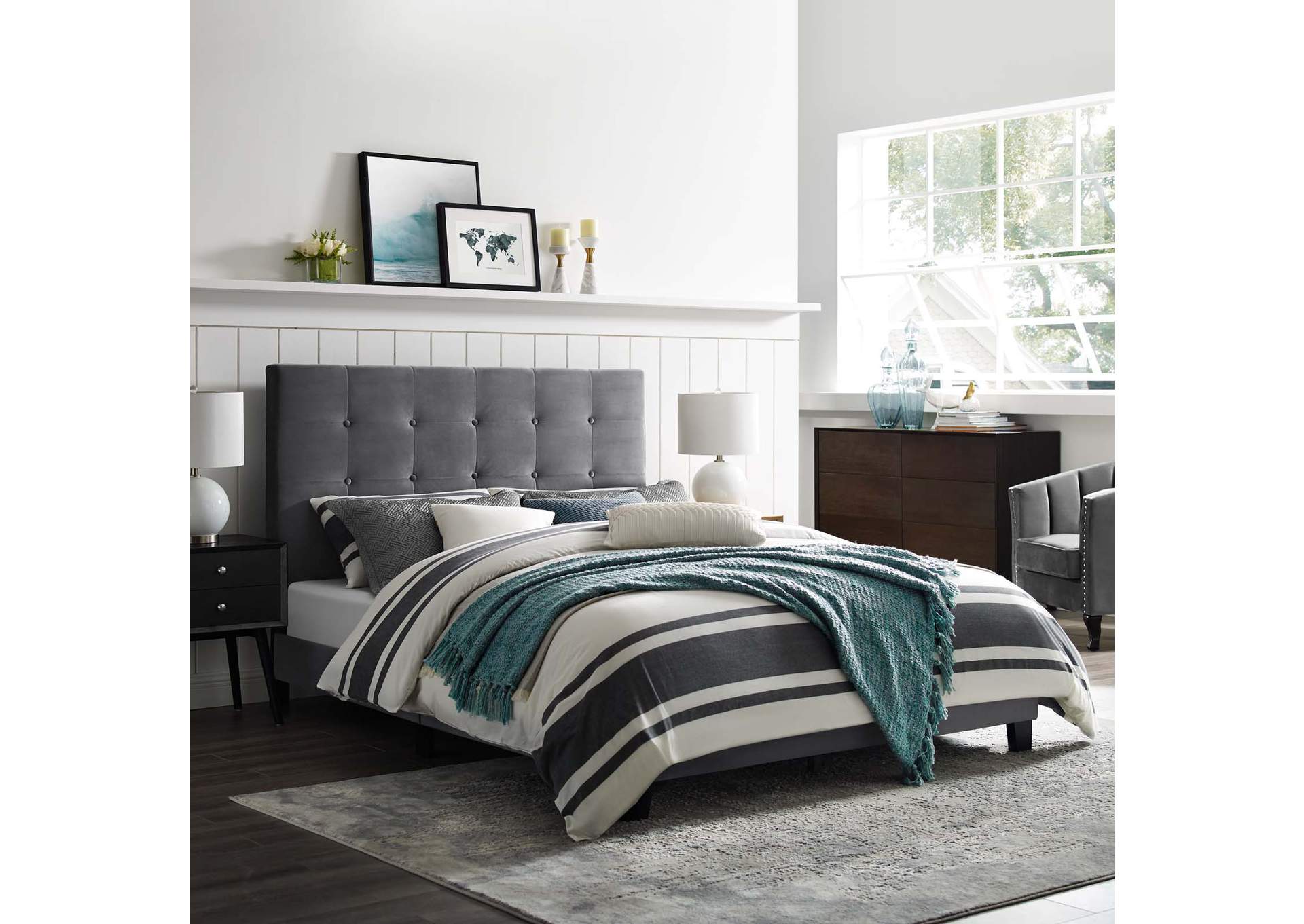 Gray Melanie Queen Tufted Button Upholstered Performance Velvet Platform Bed,Modway