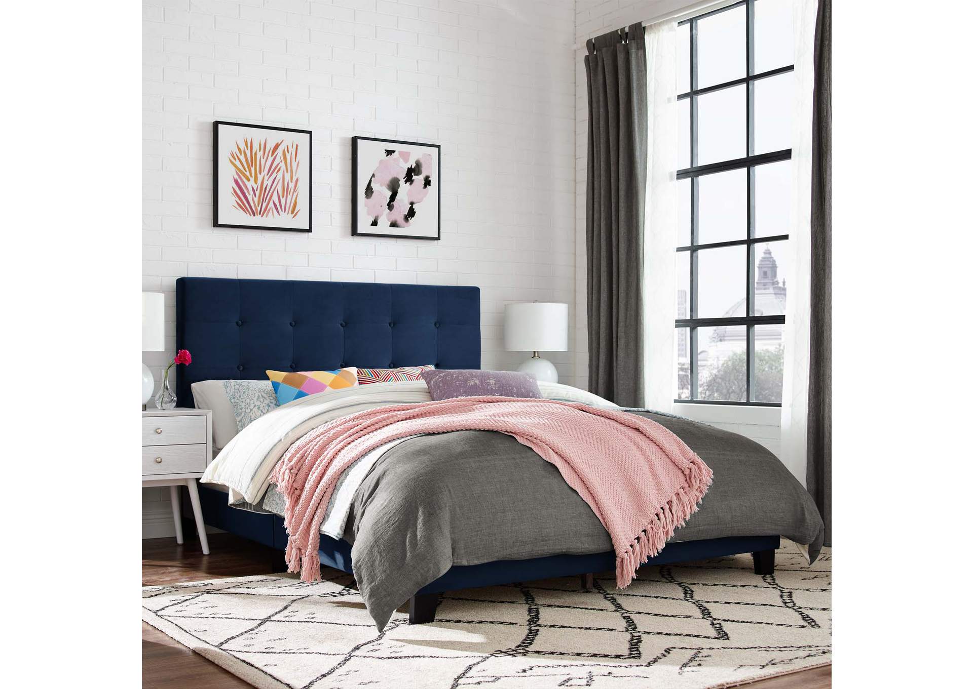 Midnight Blue Melanie King Tufted Button Upholstered Performance Velvet Platform Bed,Modway