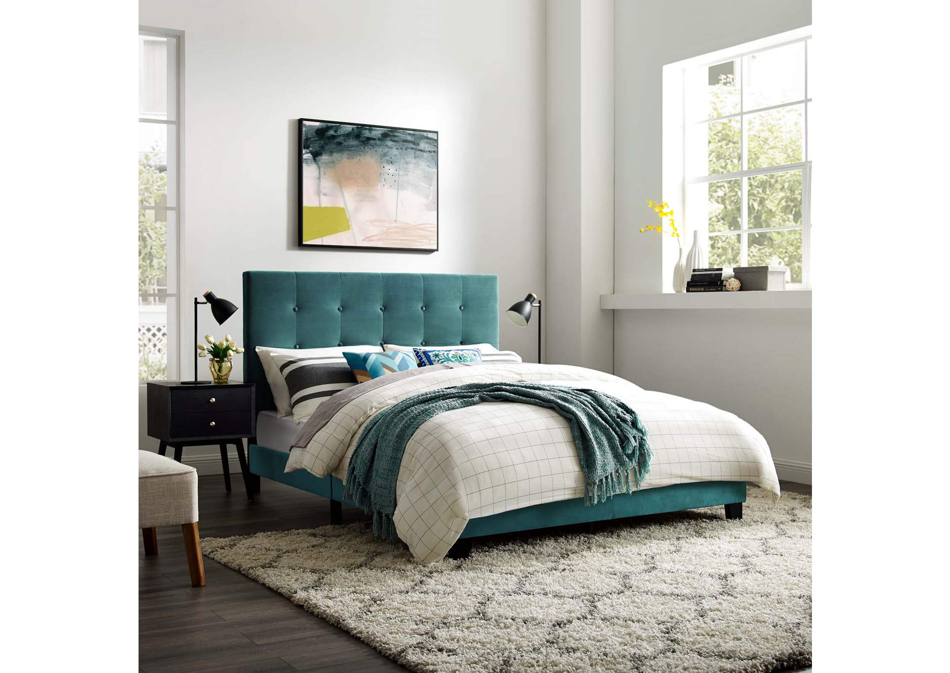 Sea Blue Melanie King Tufted Button Upholstered Performance Velvet Platform Bed,Modway
