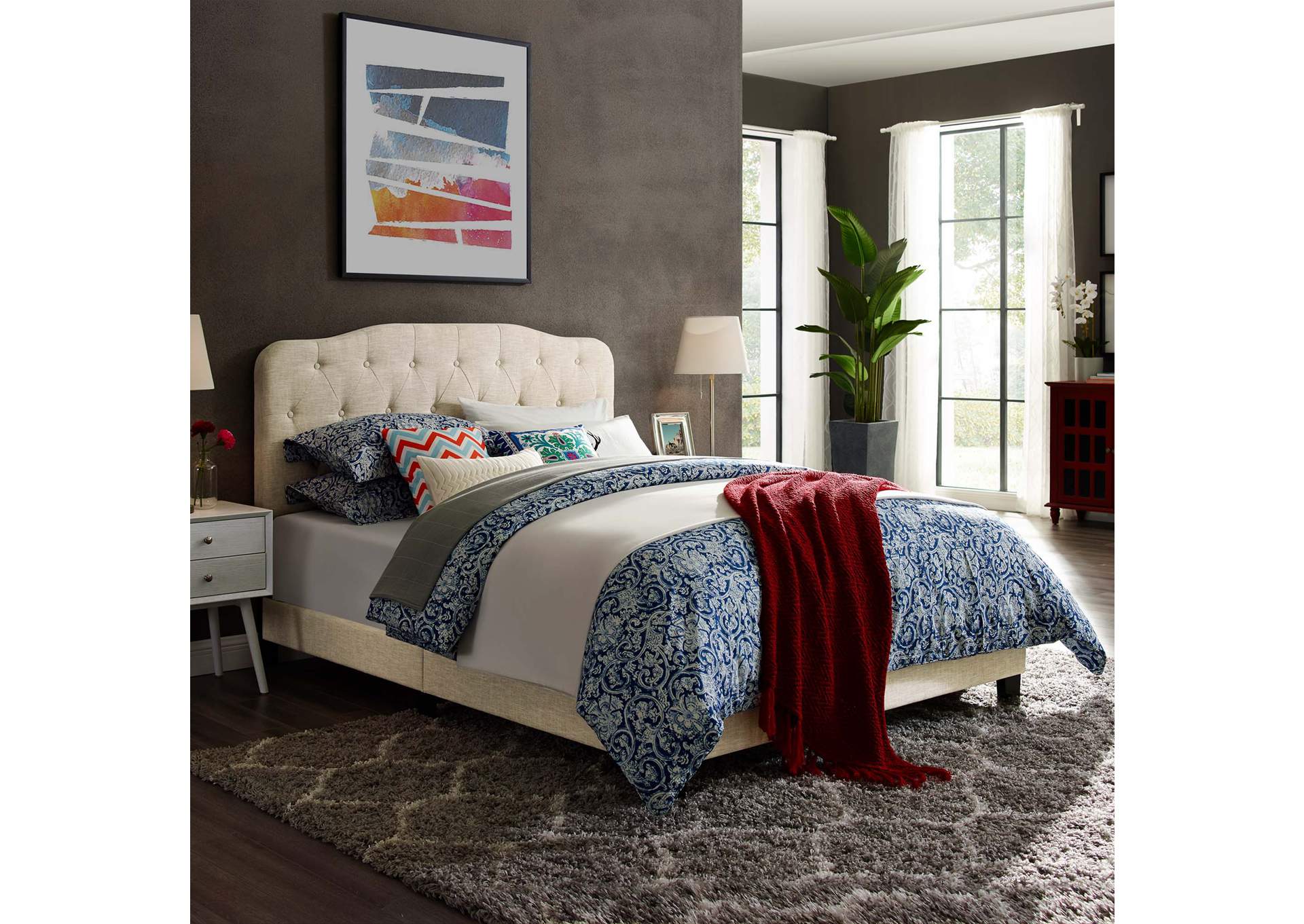 Beige Amelia Full Upholstered Bed - Fabric,Modway