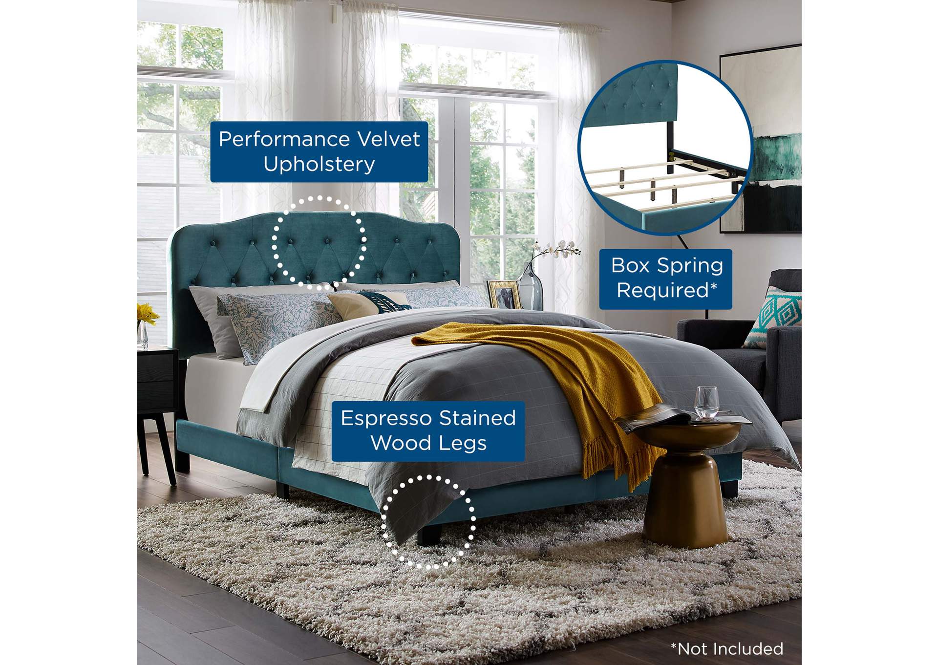 Sea Blue Amelia Queen Performance Velvet Bed,Modway