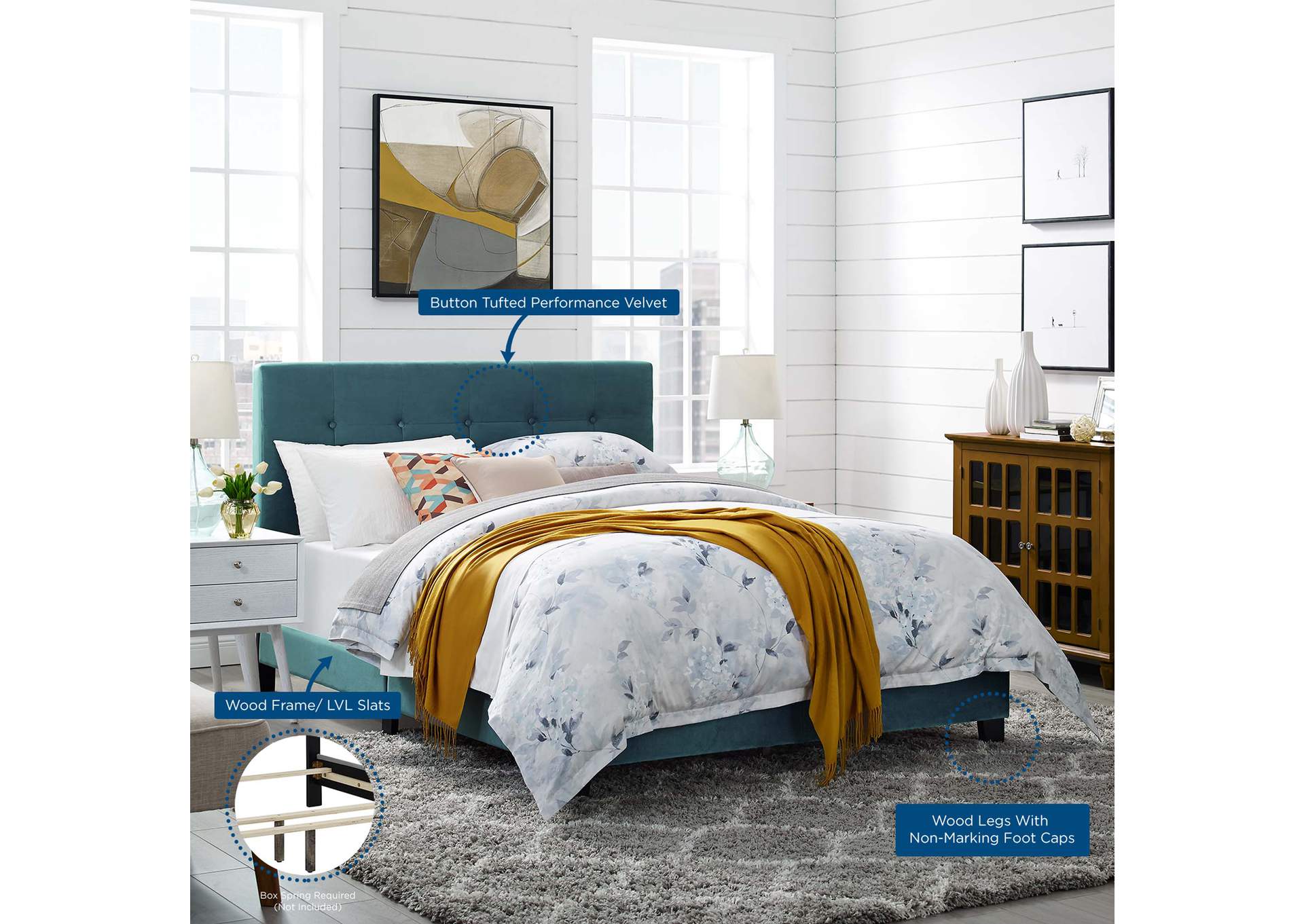 Sea Blue Amira Queen Performance Velvet Bed,Modway
