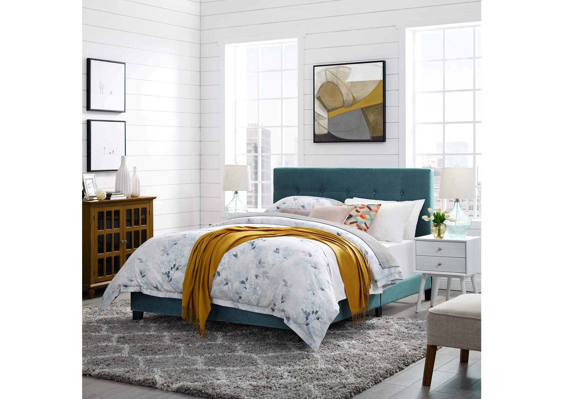 Sea Blue Amira Queen Performance Velvet Bed,Modway