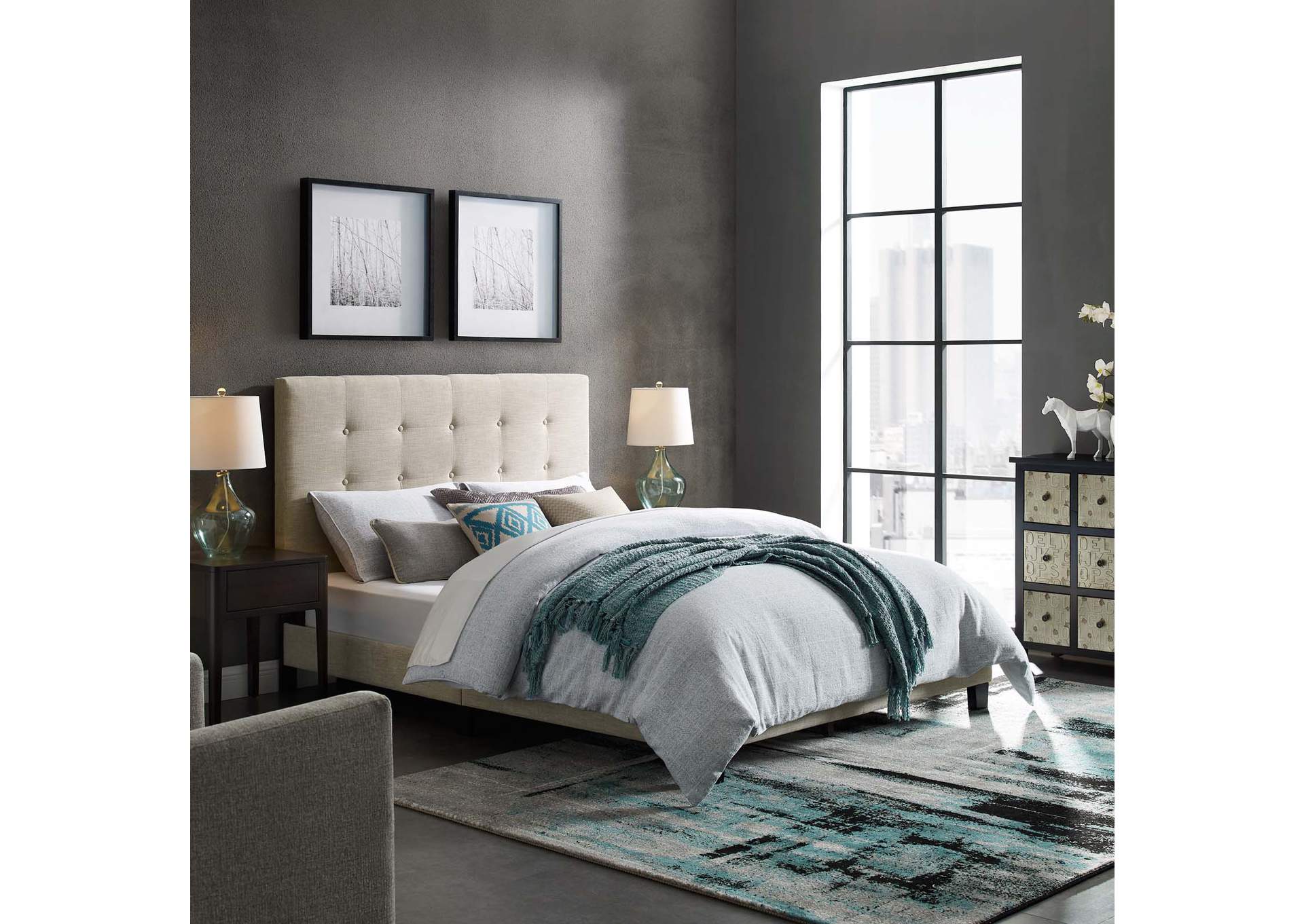 Beige Melanie Queen Tufted Button Upholstered Fabric Platform Bed,Modway