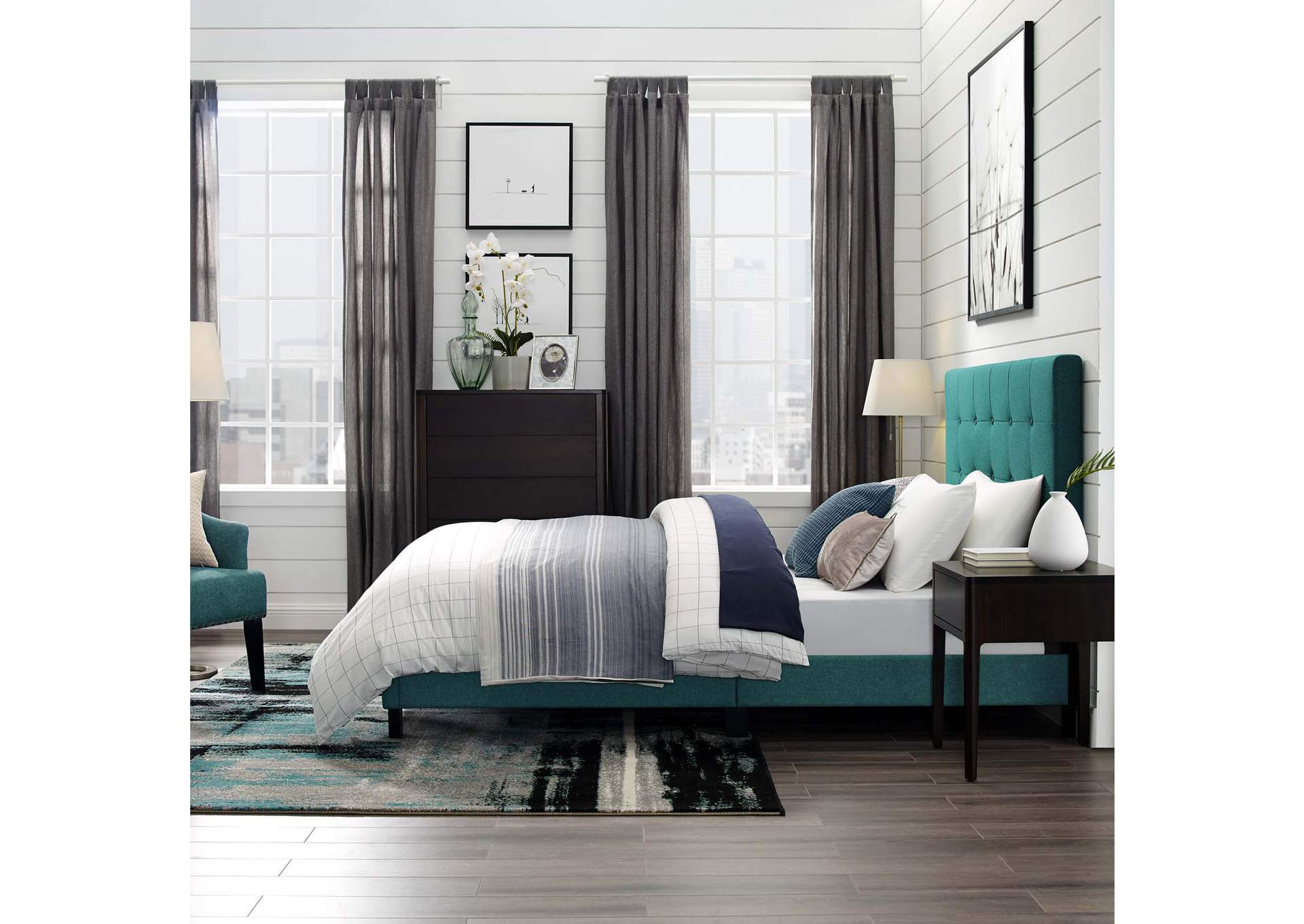 Teal Melanie Queen Tufted Button Upholstered Fabric Platform Bed,Modway