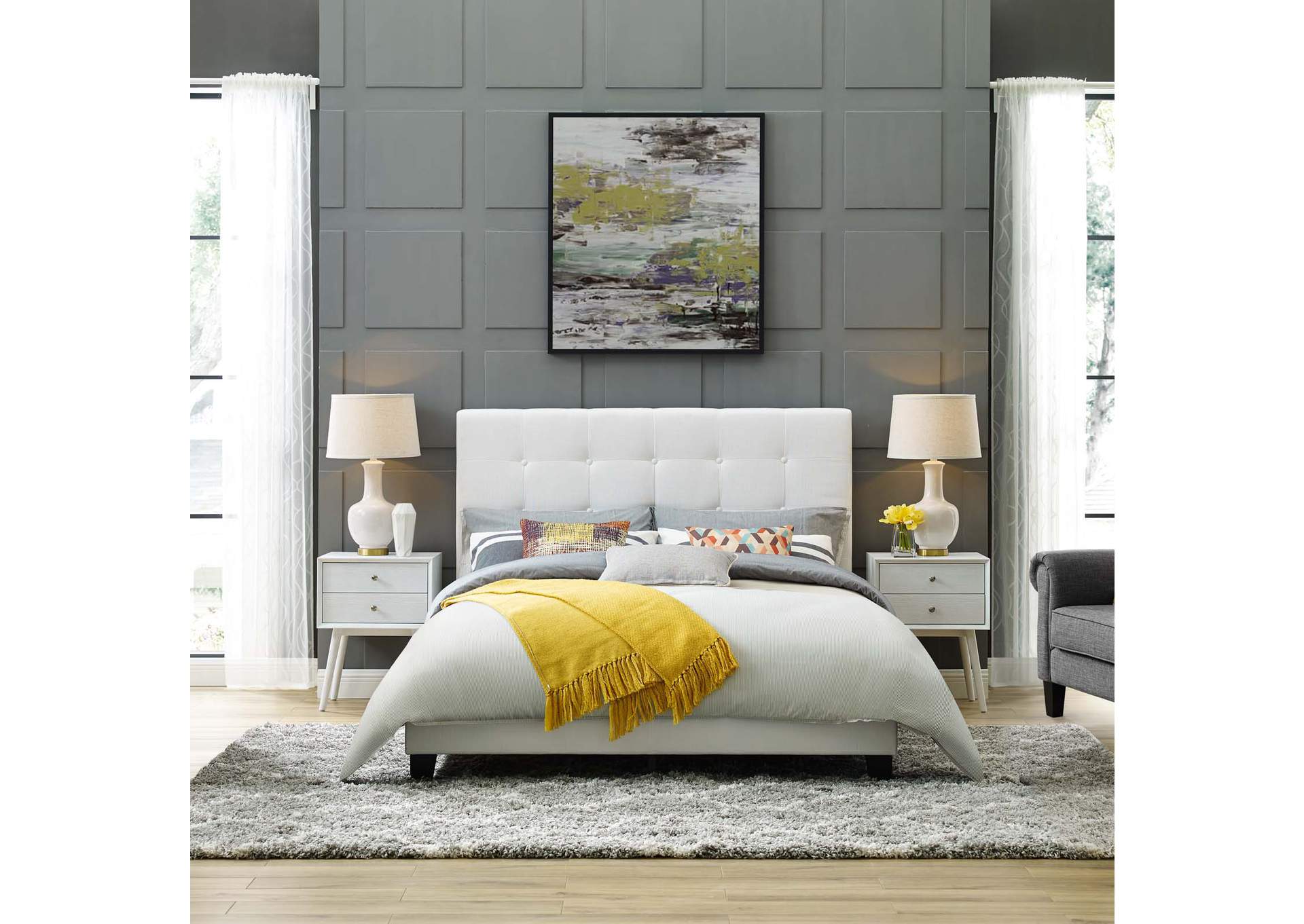 White Melanie Queen Tufted Button Upholstered Fabric Platform Bed,Modway