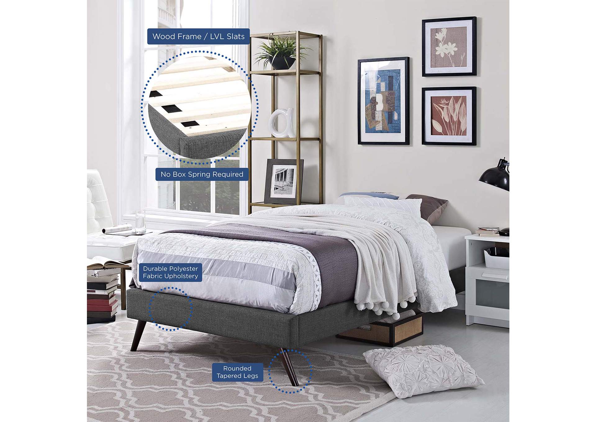 Gray Loryn Twin Bed - Fabric Frame with Round Splayed Legs,Modway