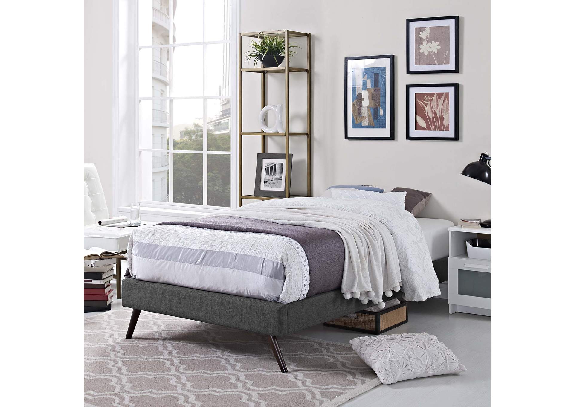 Gray Loryn Twin Bed - Fabric Frame with Round Splayed Legs,Modway