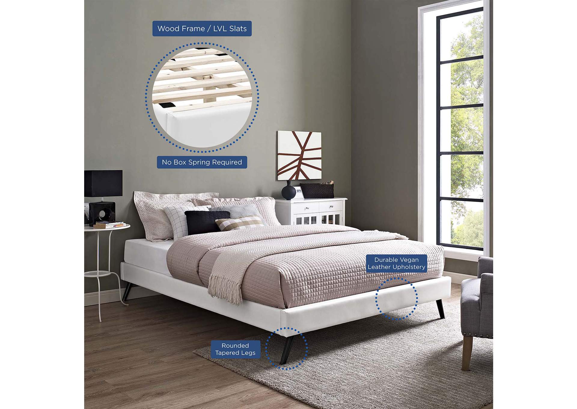 White Loryn Queen Bed - Vinyl Frame with Round Splayed Legs,Modway