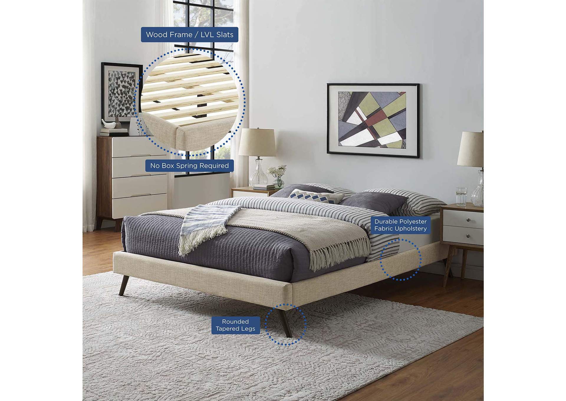 Beige Loryn Queen Bed - Fabric Frame with Round Splayed Legs,Modway