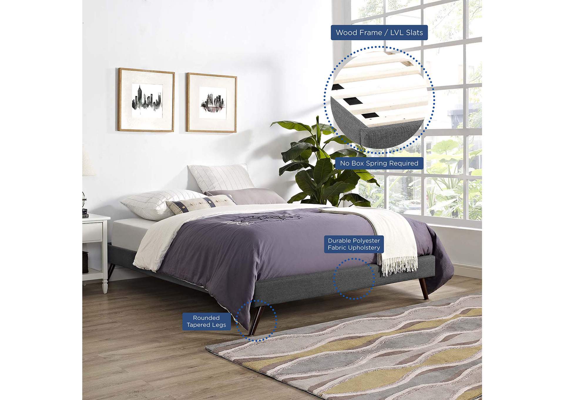 Gray Loryn Queen Bed - Fabric Frame with Round Splayed Legs,Modway