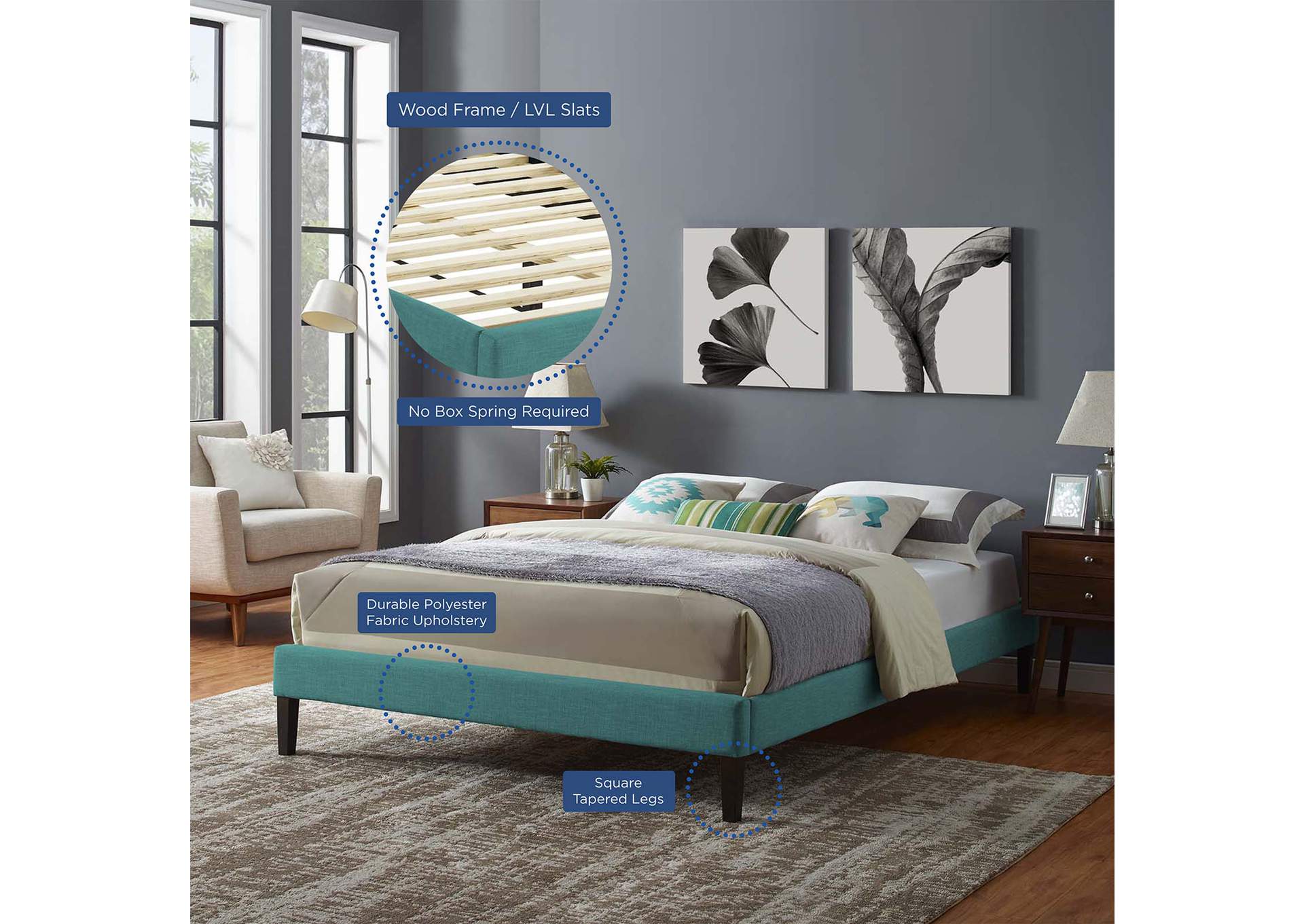 Teal Tessie Queen Bed - Fabric Frame with Squared Tapered Legs,Modway