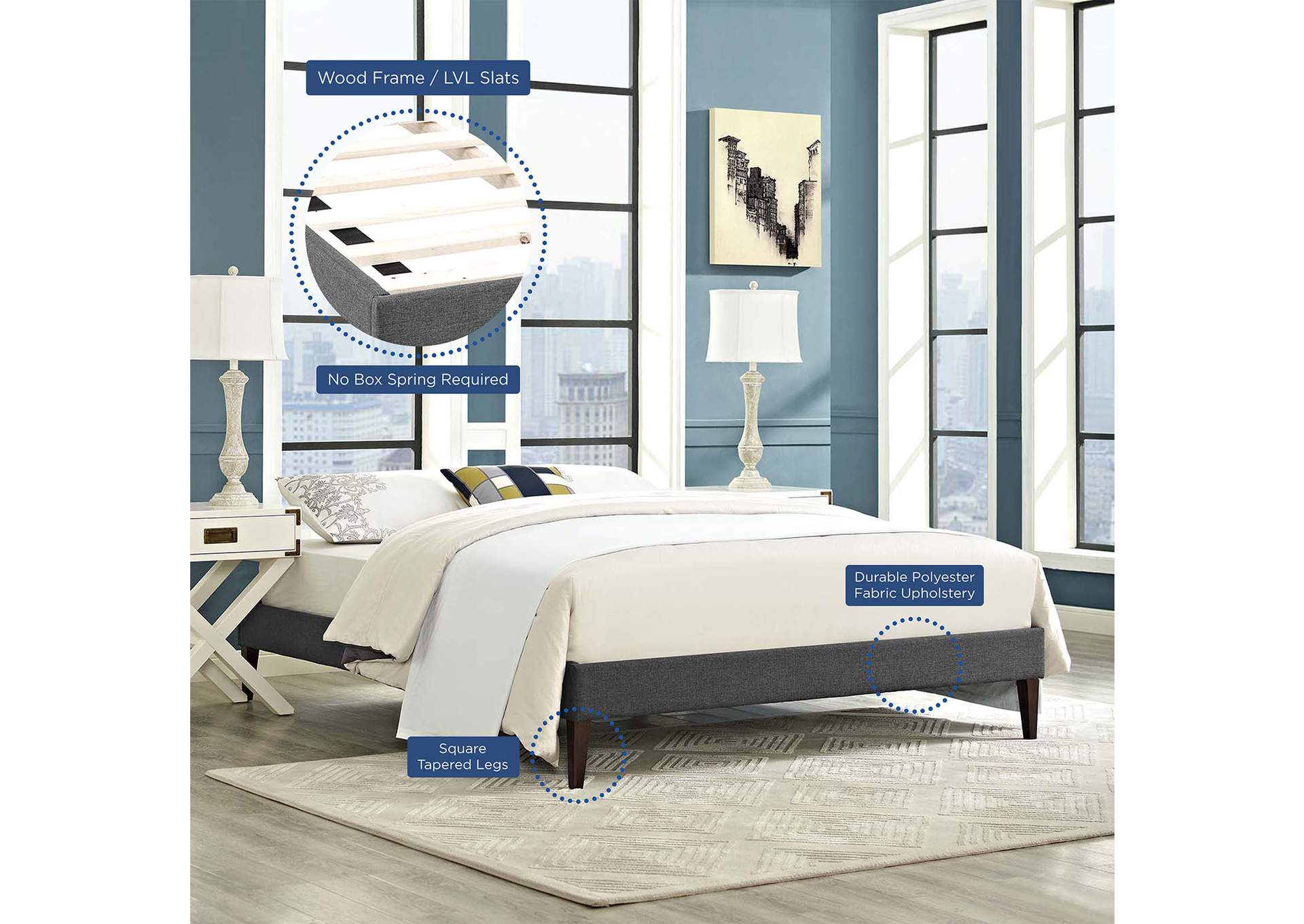 Gray Tessie King Bed - Fabric Frame with Squared Tapered Legs,Modway