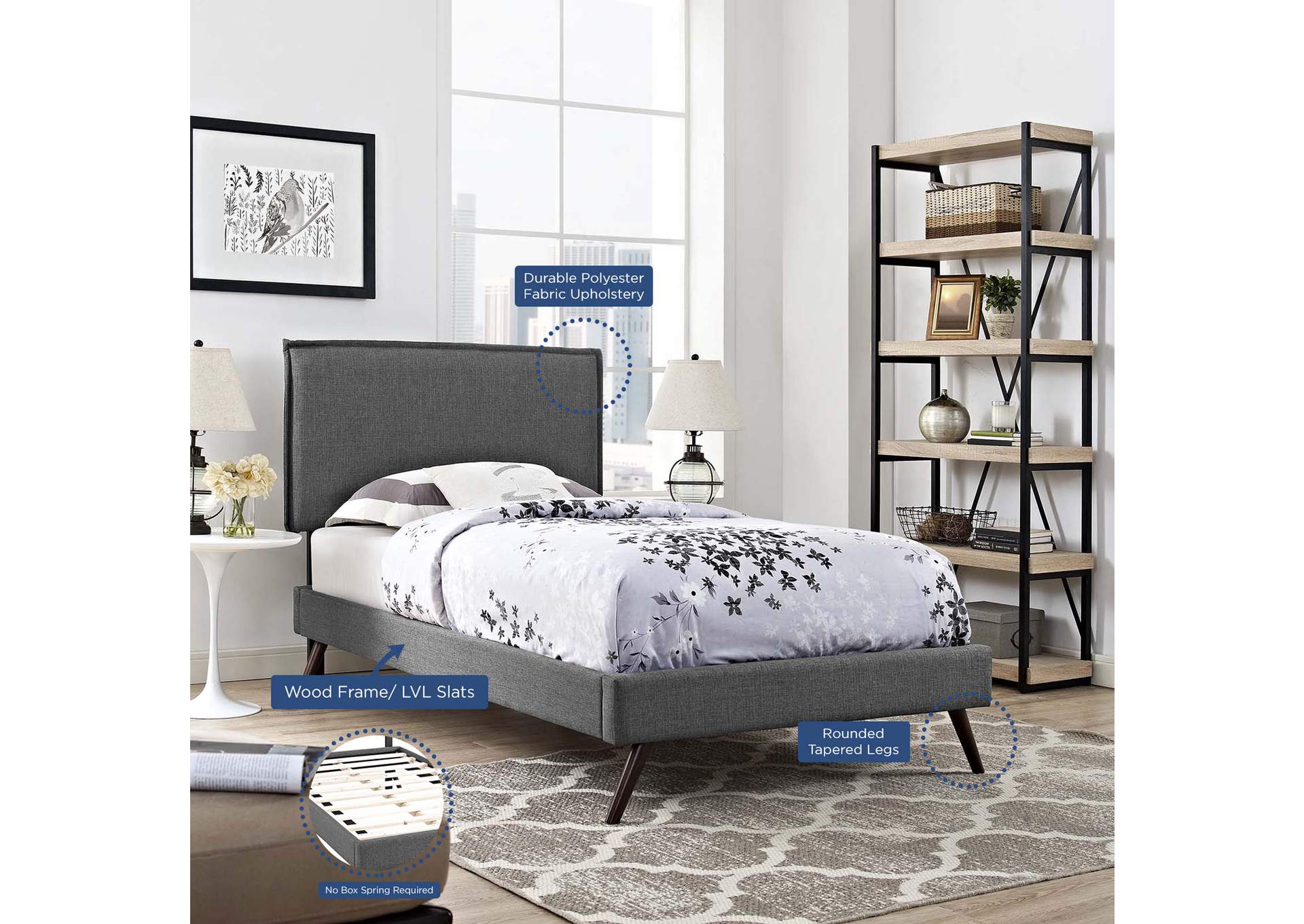 Gray Amaris Platform Twin Bed - Fabric with Round Splayed Legs,Modway