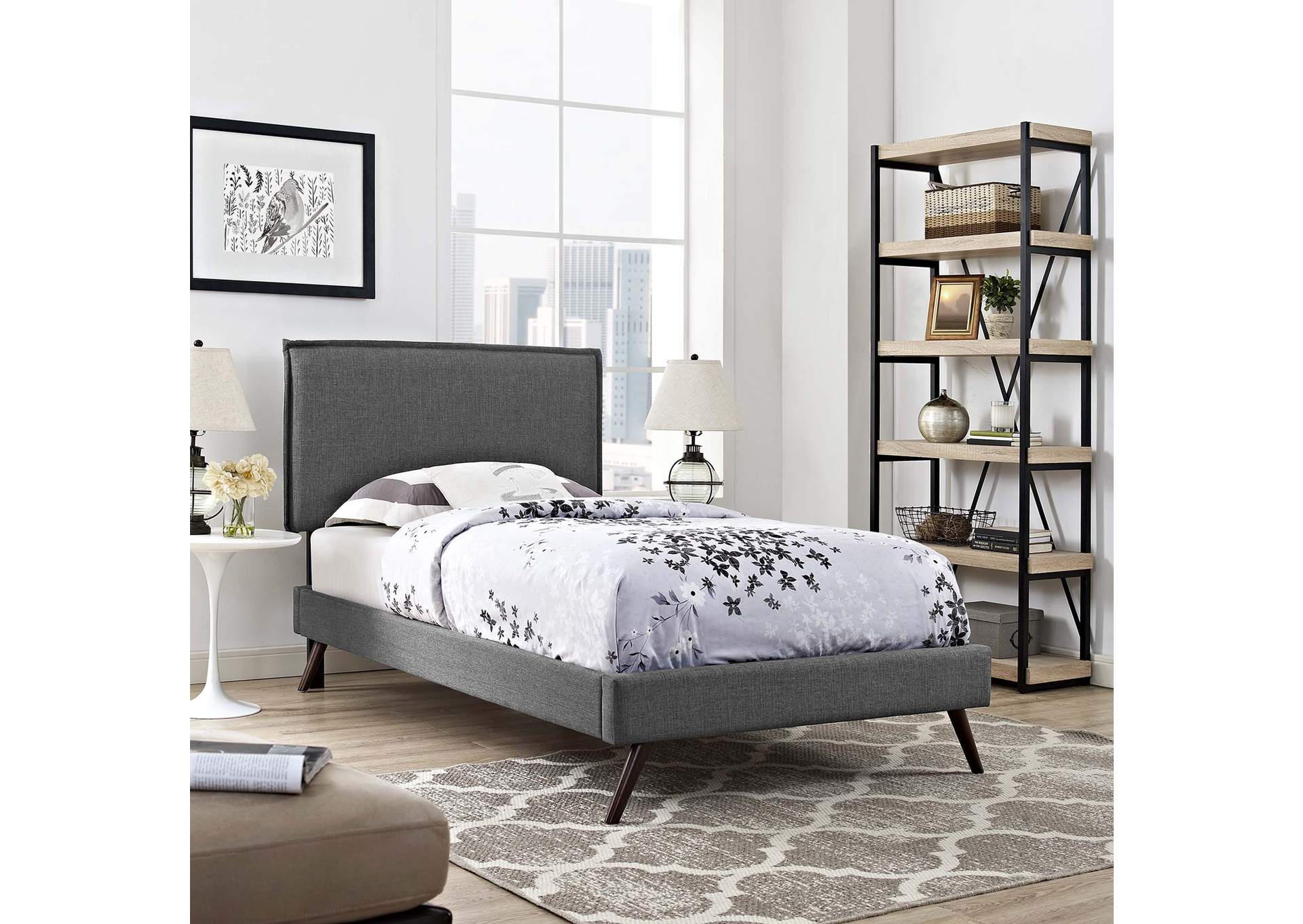 Gray Amaris Platform Twin Bed - Fabric with Round Splayed Legs,Modway