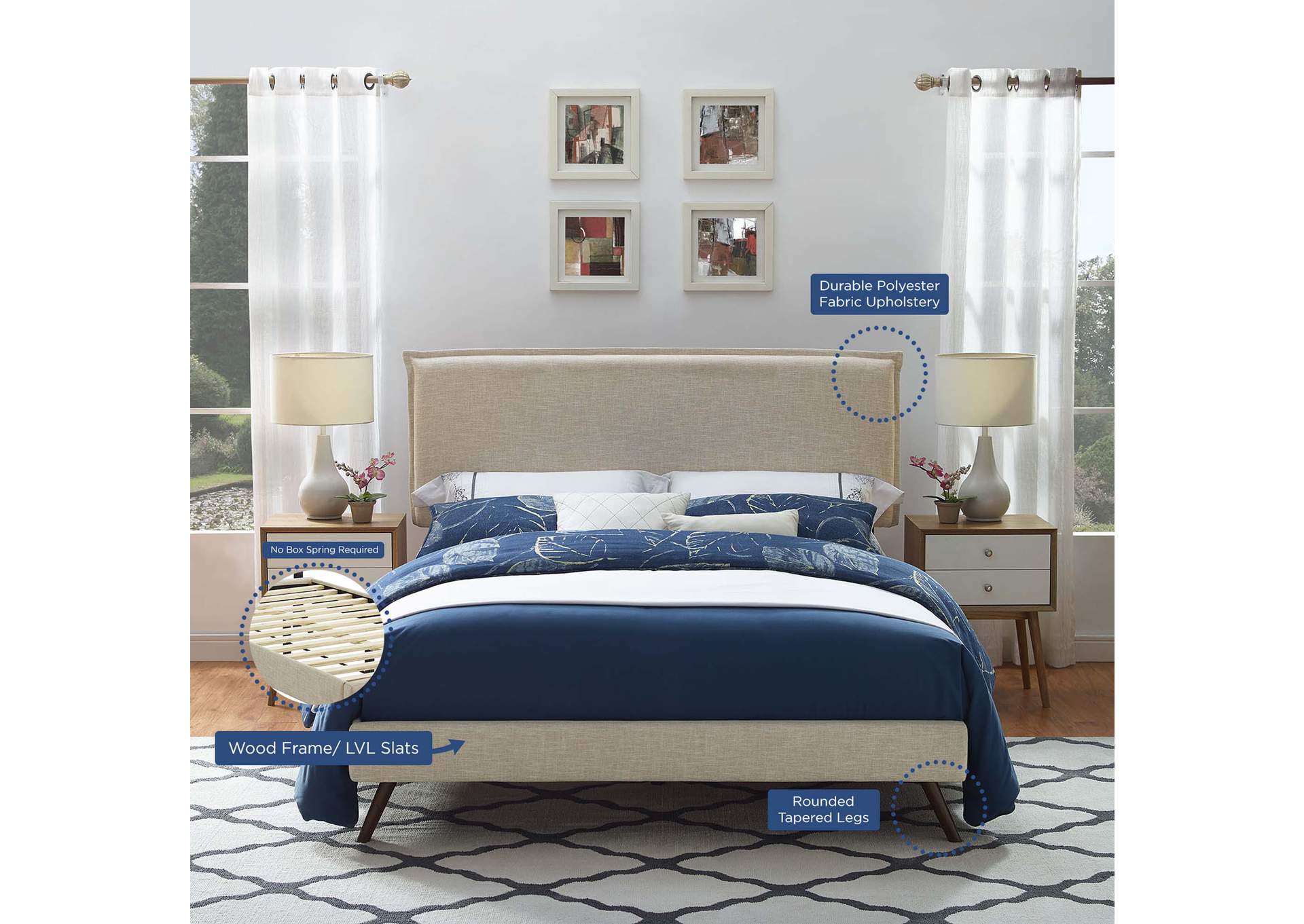 Beige Amaris Platform Queen Bed - Fabric with Round Splayed Legs,Modway