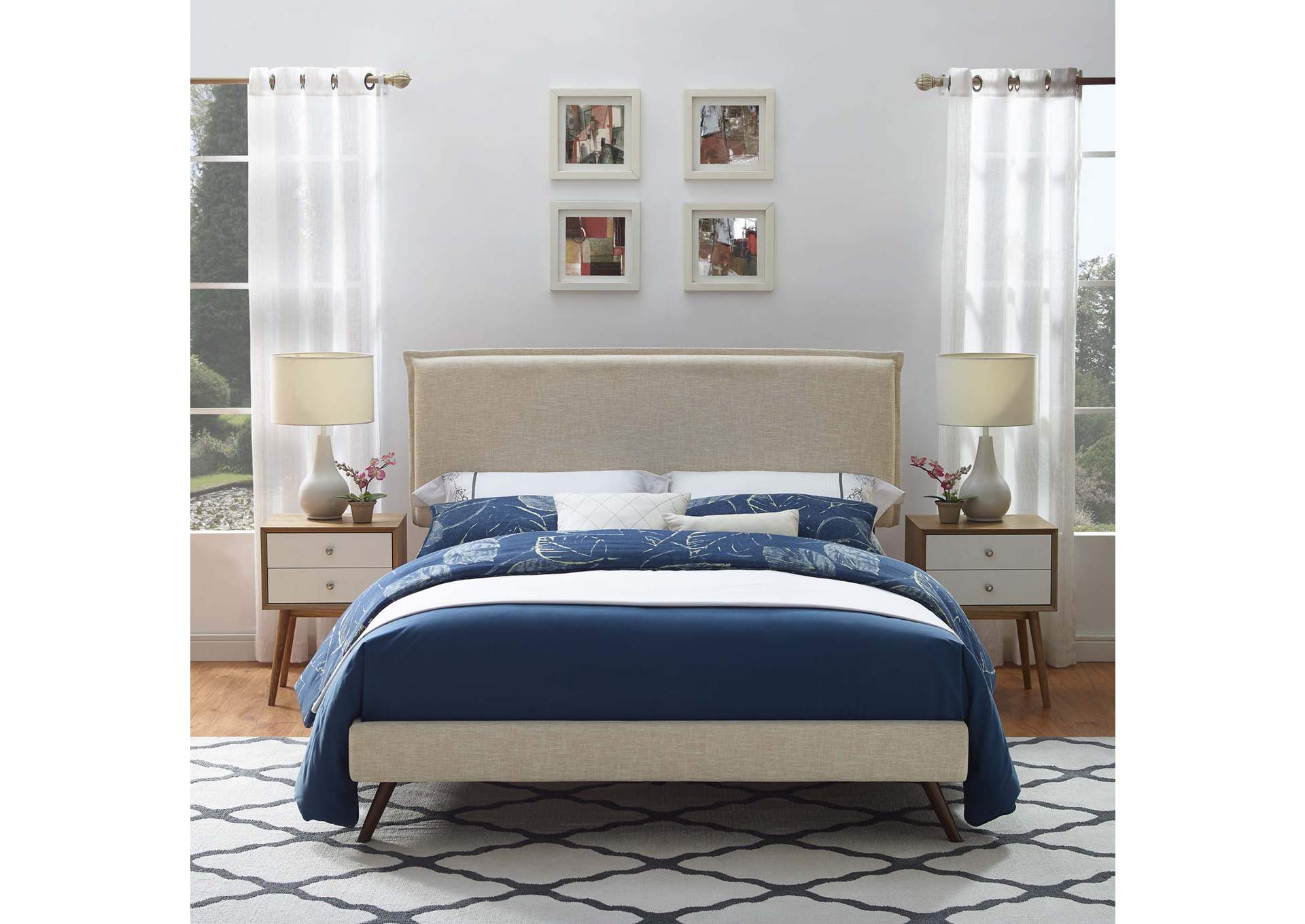 Beige Amaris Platform Queen Bed - Fabric with Round Splayed Legs,Modway